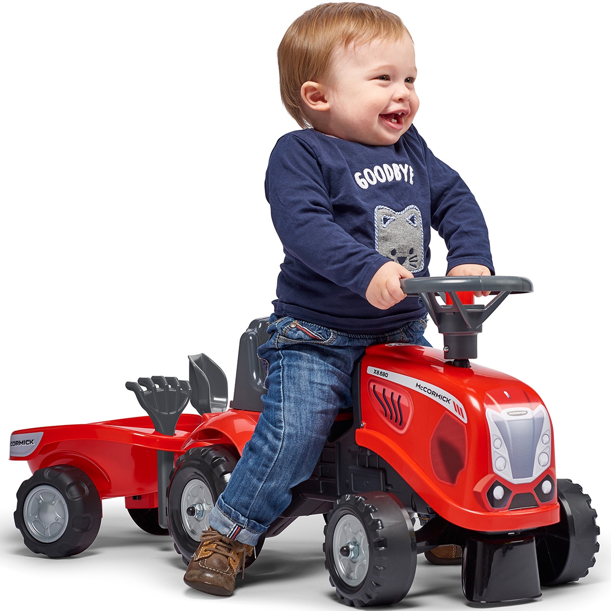 Traktorek baby mac cormick czerwony z przyczepką + akc. od 1 roku