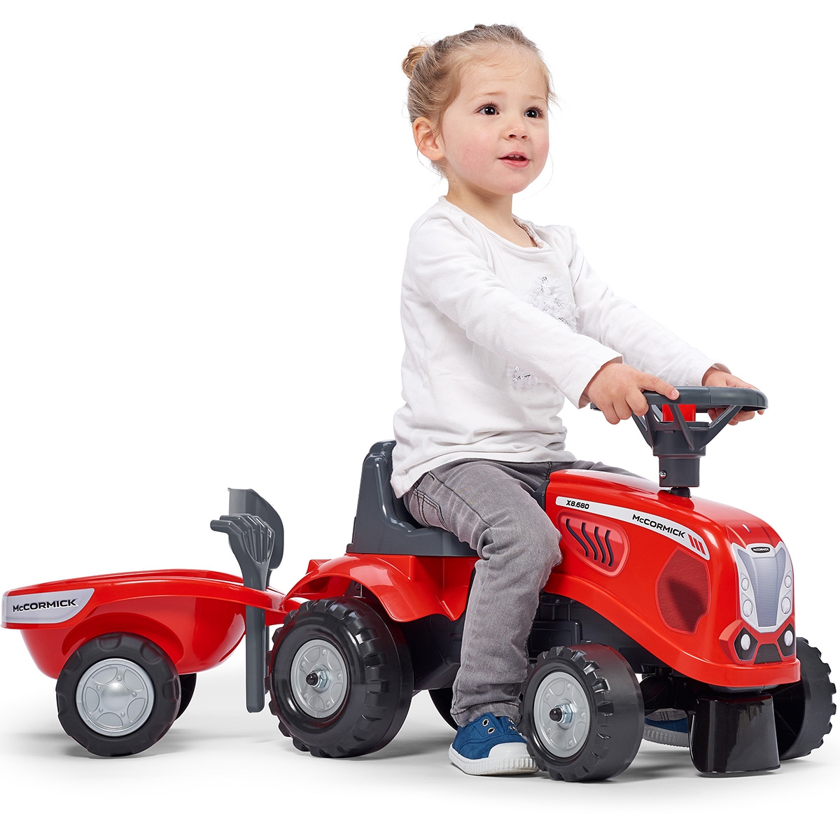 Traktorek baby mac cormick czerwony z przyczepką + akc. od 1 roku