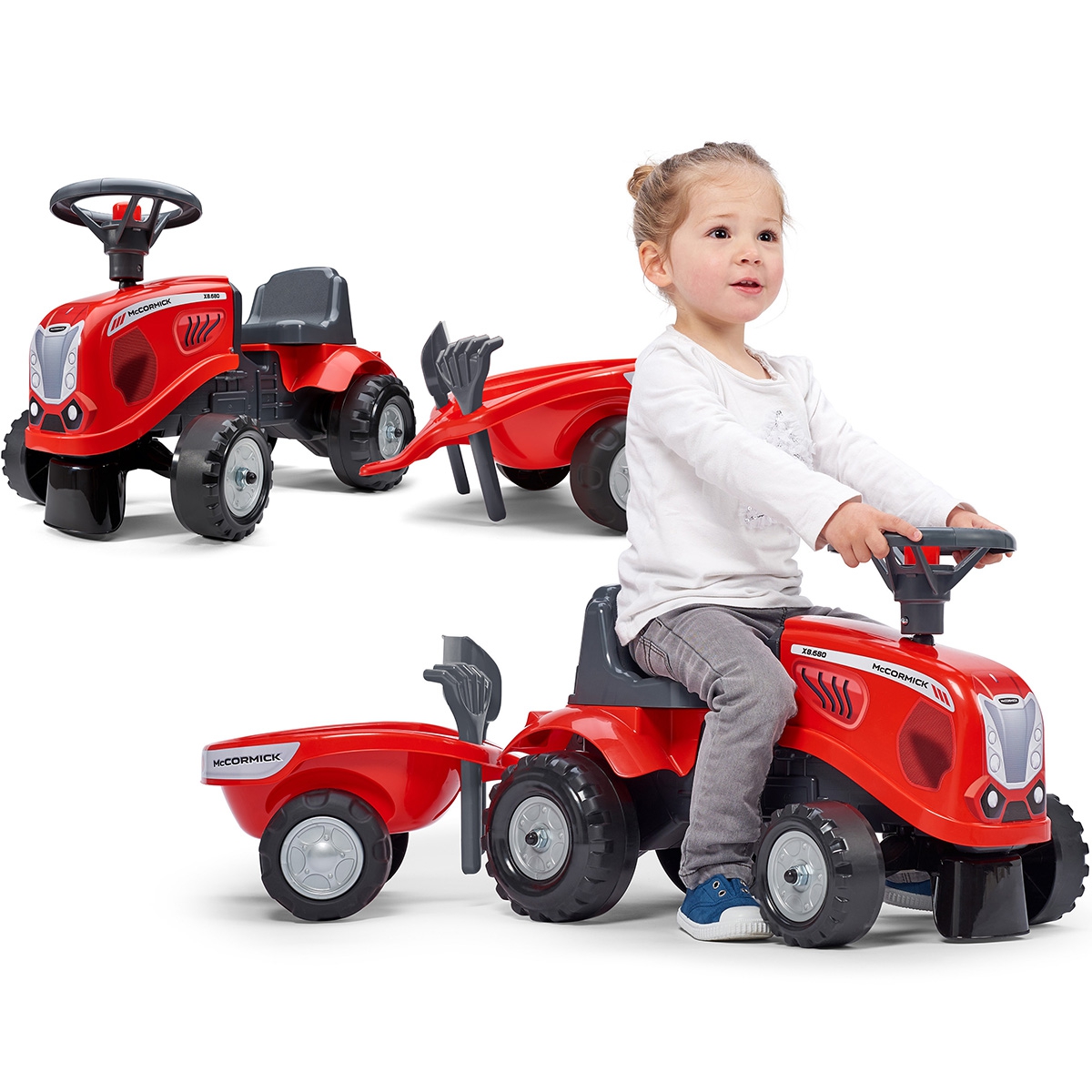 Traktorek baby mac cormick czerwony z przyczepką + akc. od 1 roku