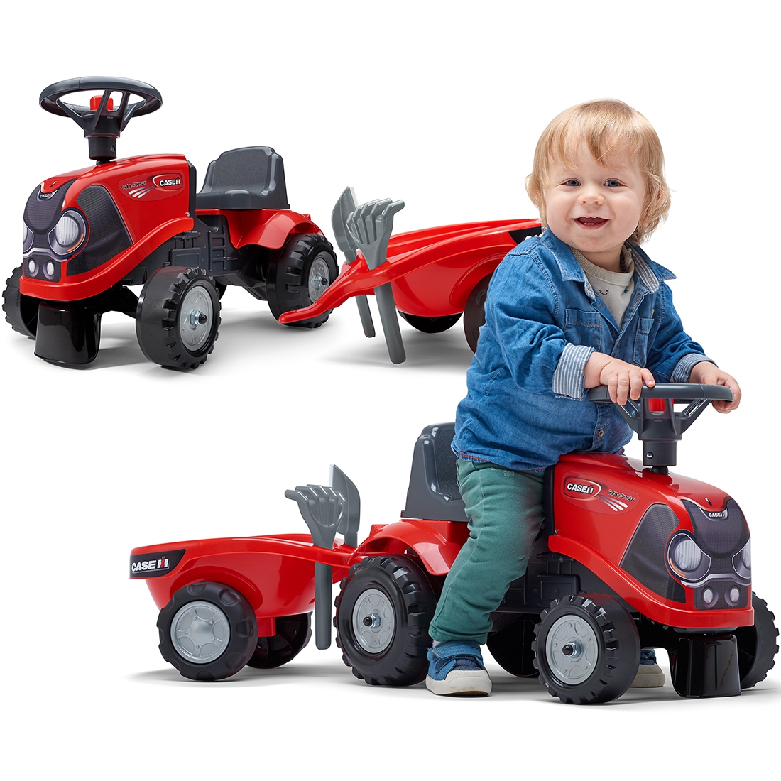 Jeździk traktorek baby case ih ride-on czerwony z przyczepką + akc. od 12 miesięcy