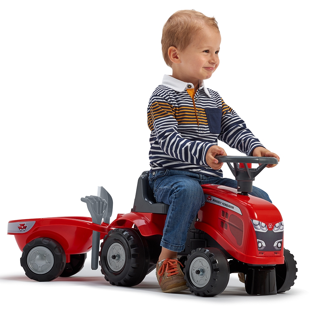 Traktorek baby massey ferguson czerwony z przyczepką + akc. od 1 roku