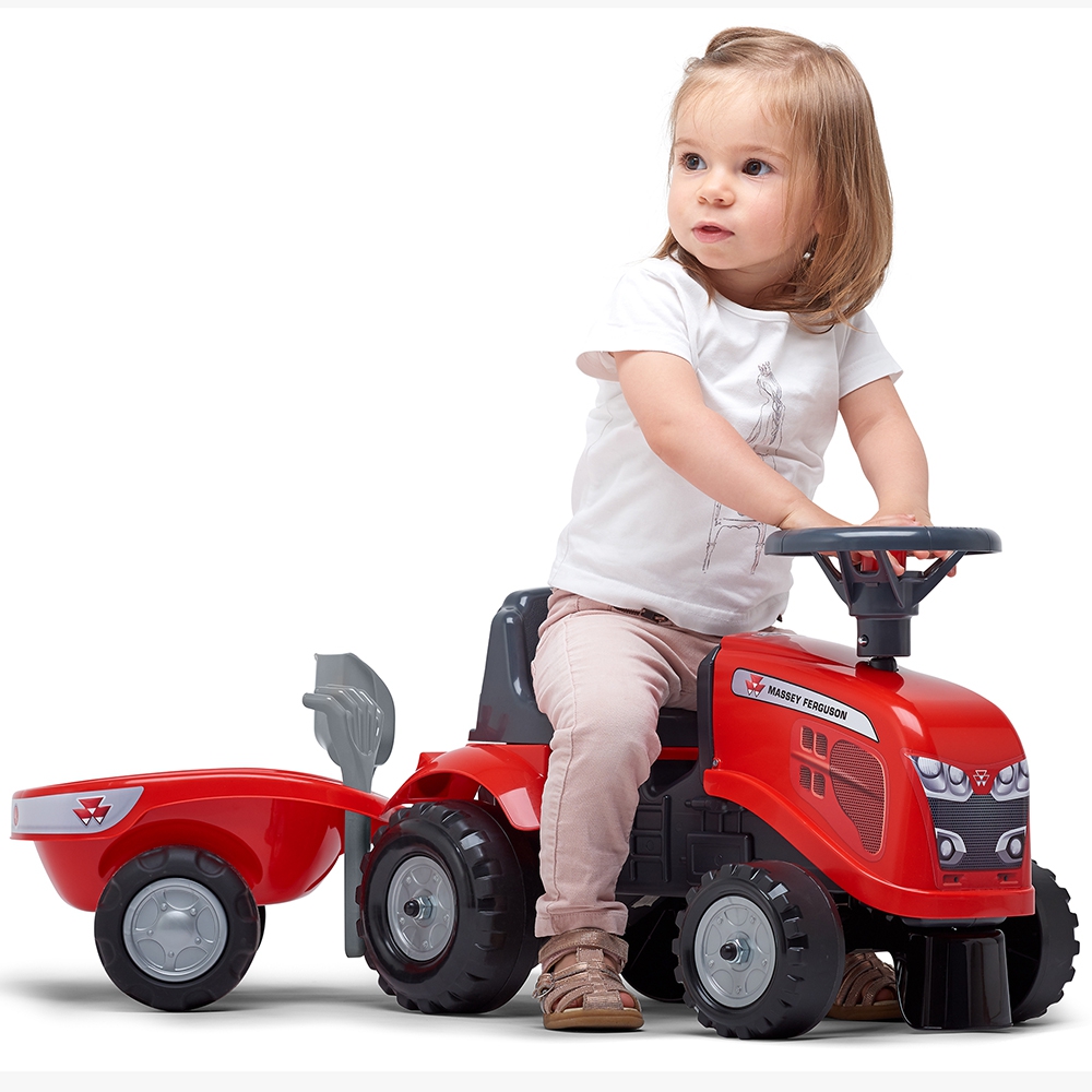 Traktorek baby massey ferguson czerwony z przyczepką + akc. od 1 roku