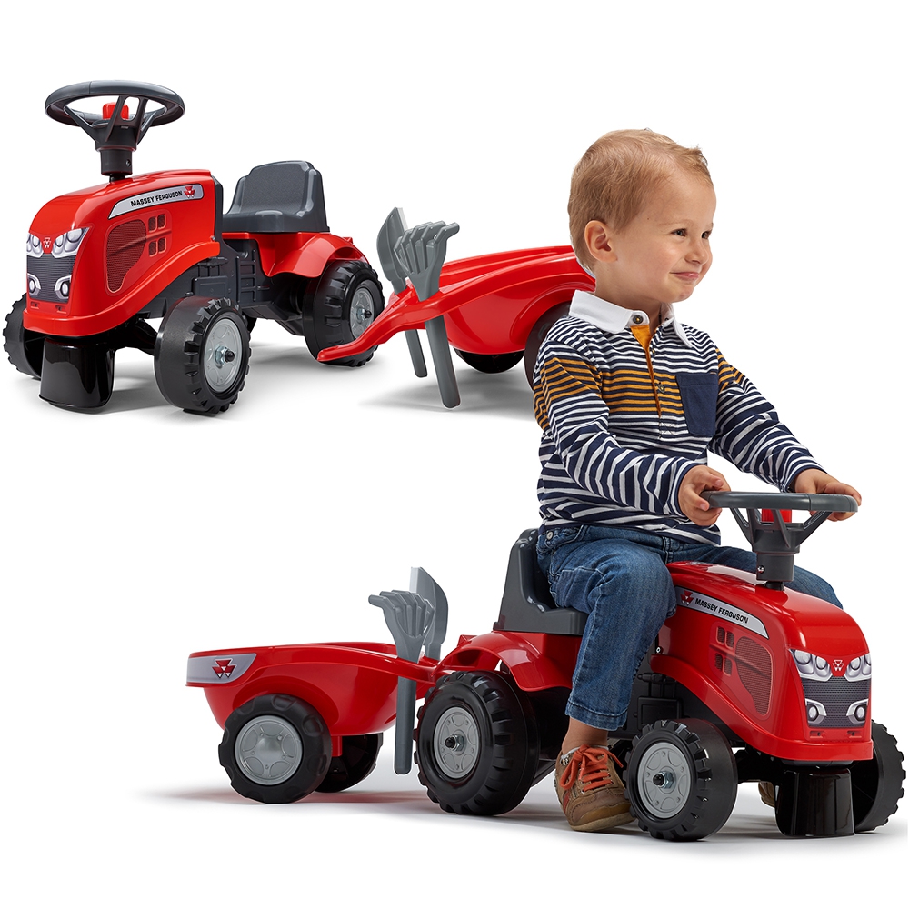 Traktorek baby massey ferguson czerwony z przyczepką + akc. od 1 roku