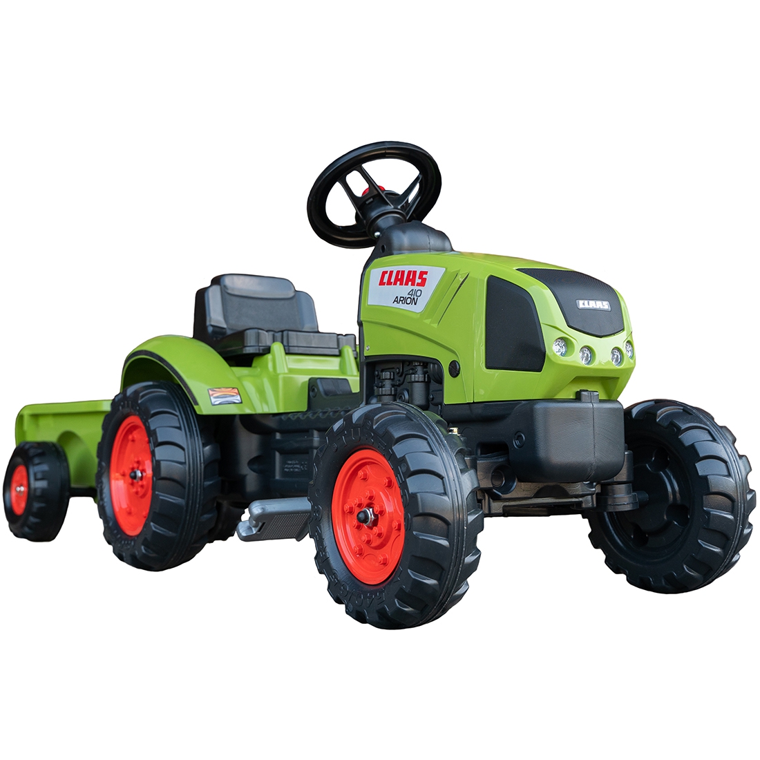 Traktor claas zielony na pedały z przyczepą + klakson od 2 lat.