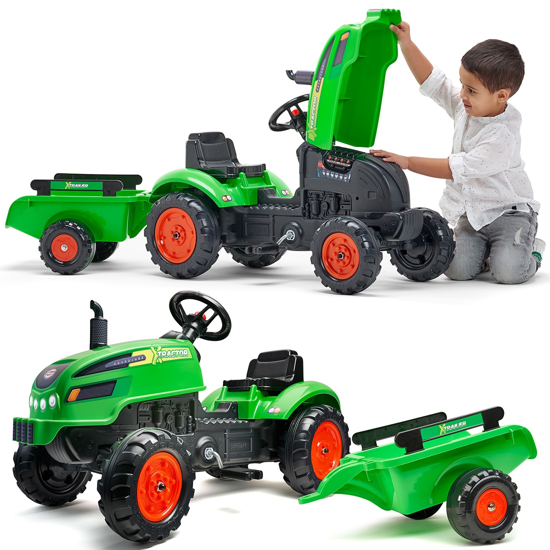 Traktorek x tractor zielony z przyczepką klakson od 2 lat