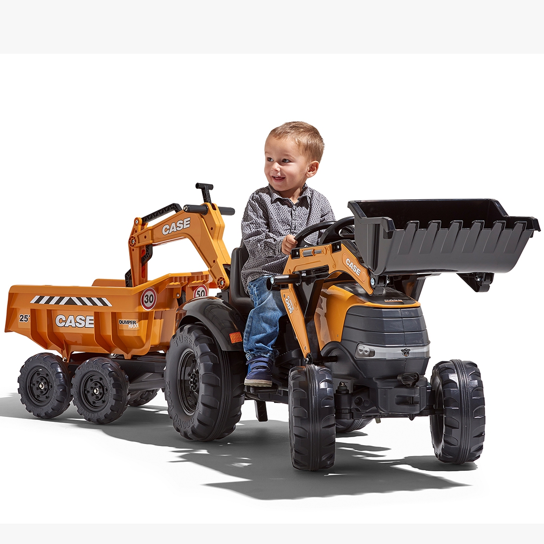 Traktor case ih backhoe pomarańczowy z przyczepką ruchoma łyżka od 3 lat
