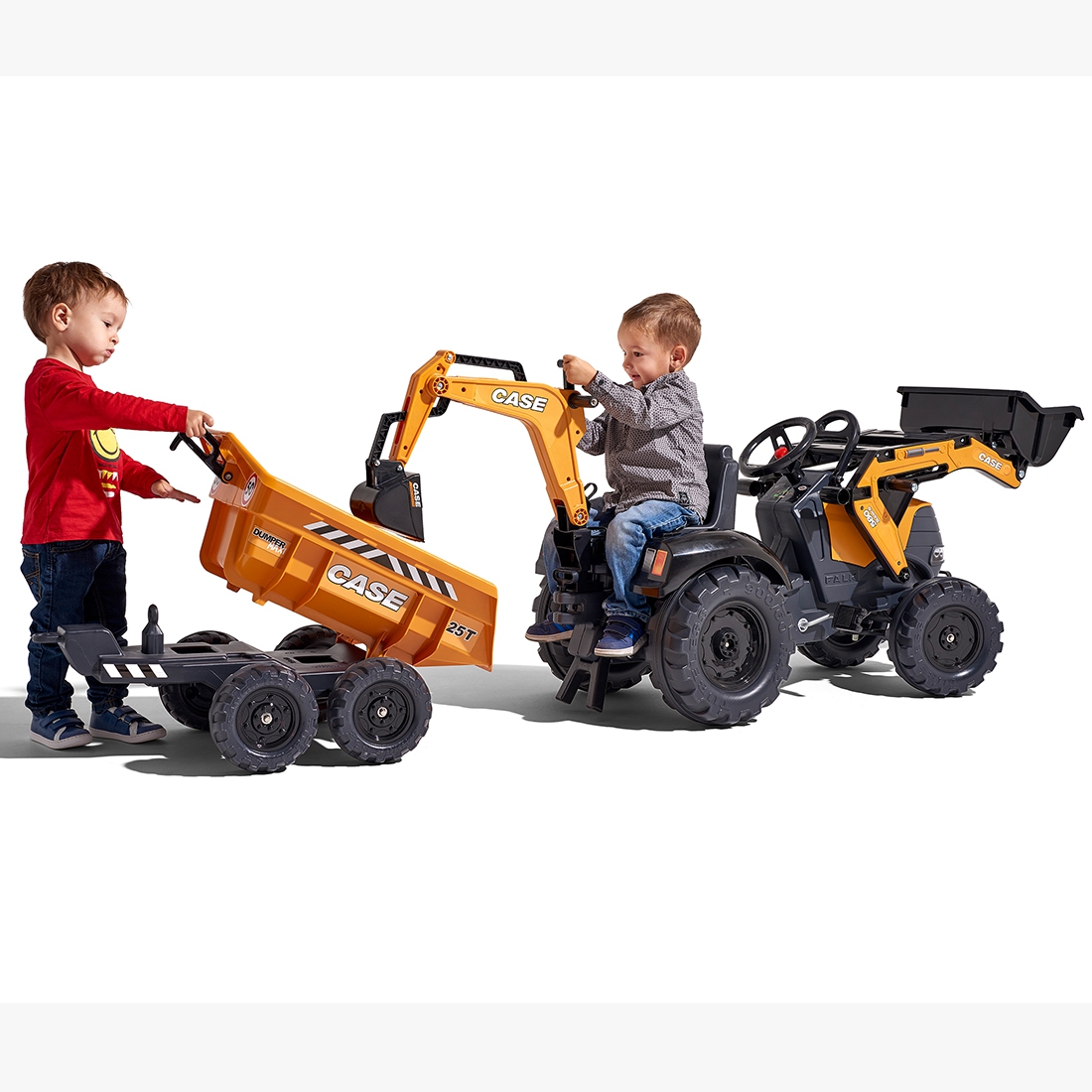 Traktor case ih backhoe pomarańczowy z przyczepką ruchoma łyżka od 3 lat