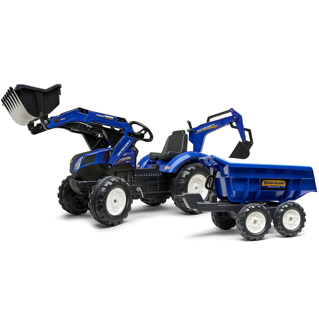 Traktorek new holland na pedały niebieski z przyczepką od 3 lat