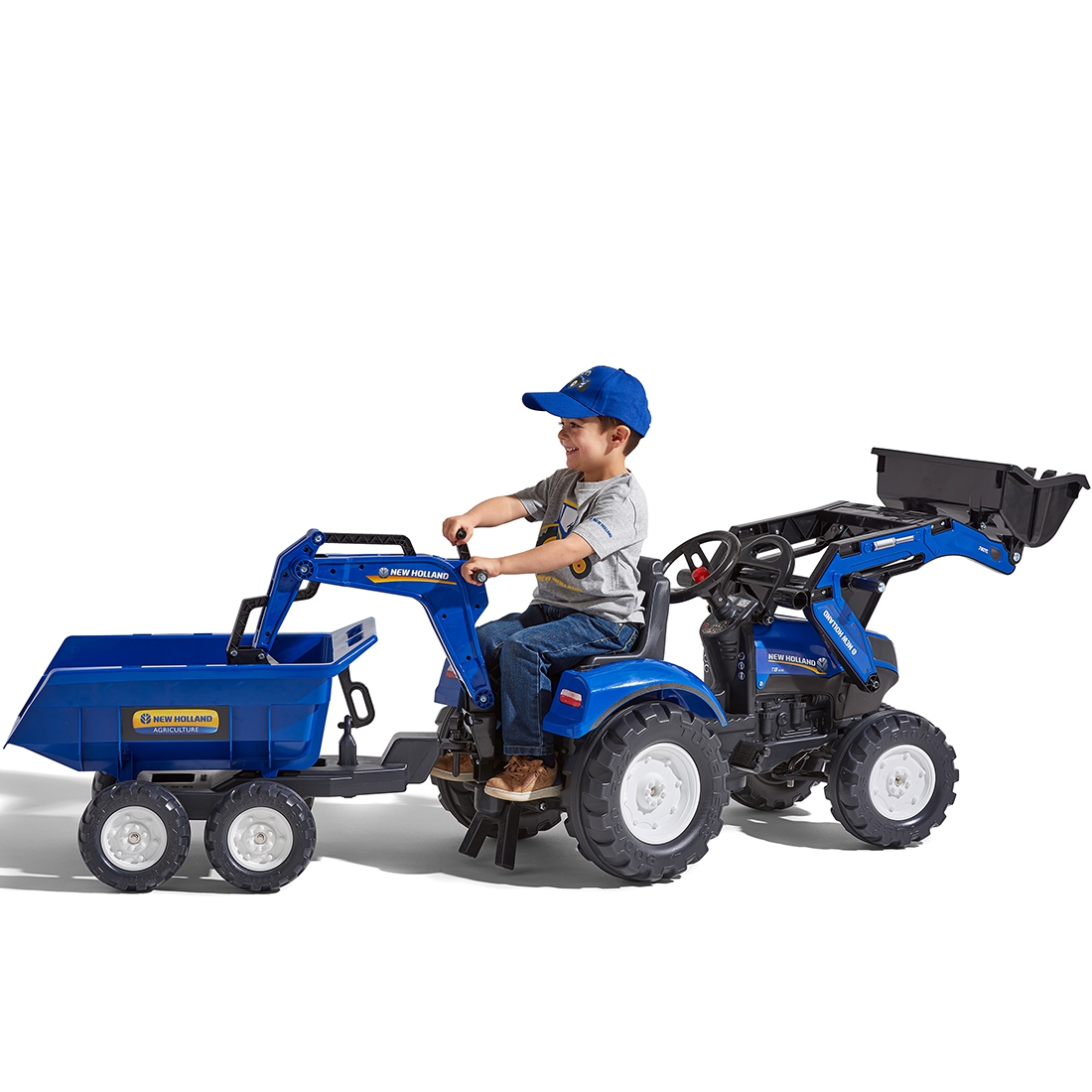 Traktorek new holland na pedały niebieski z przyczepką od 3 lat