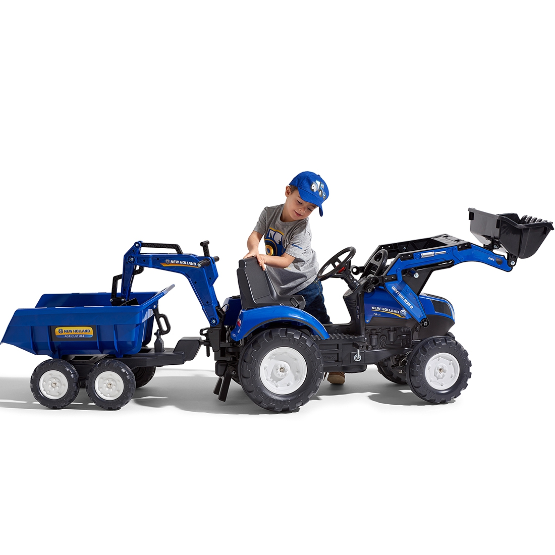 Traktorek new holland na pedały niebieski z przyczepką od 3 lat