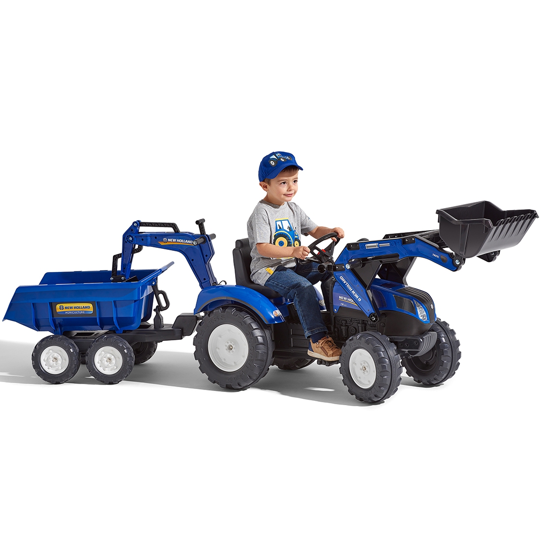 Traktorek new holland na pedały niebieski z przyczepką od 3 lat