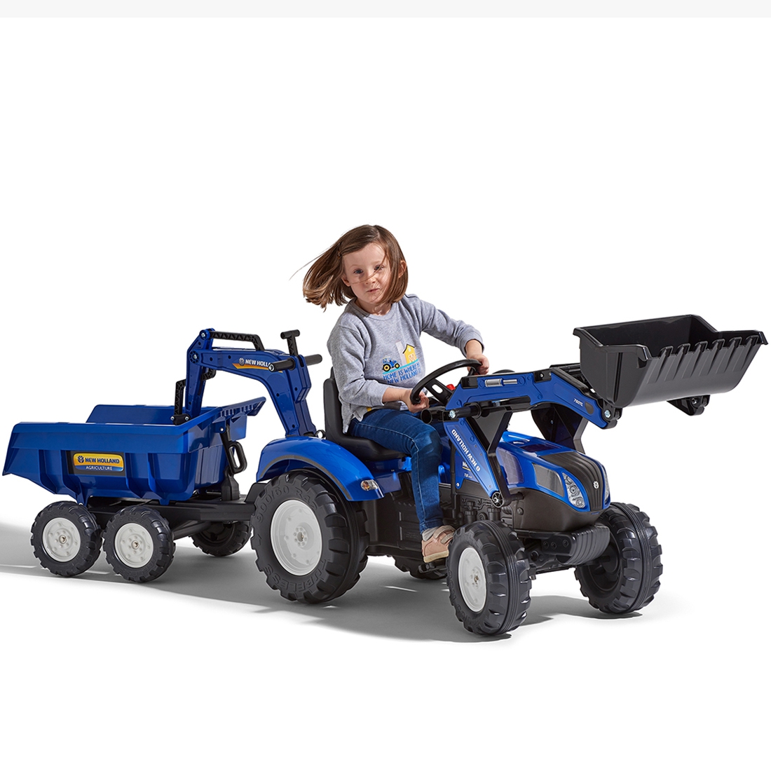 Traktorek new holland na pedały niebieski z przyczepką od 3 lat
