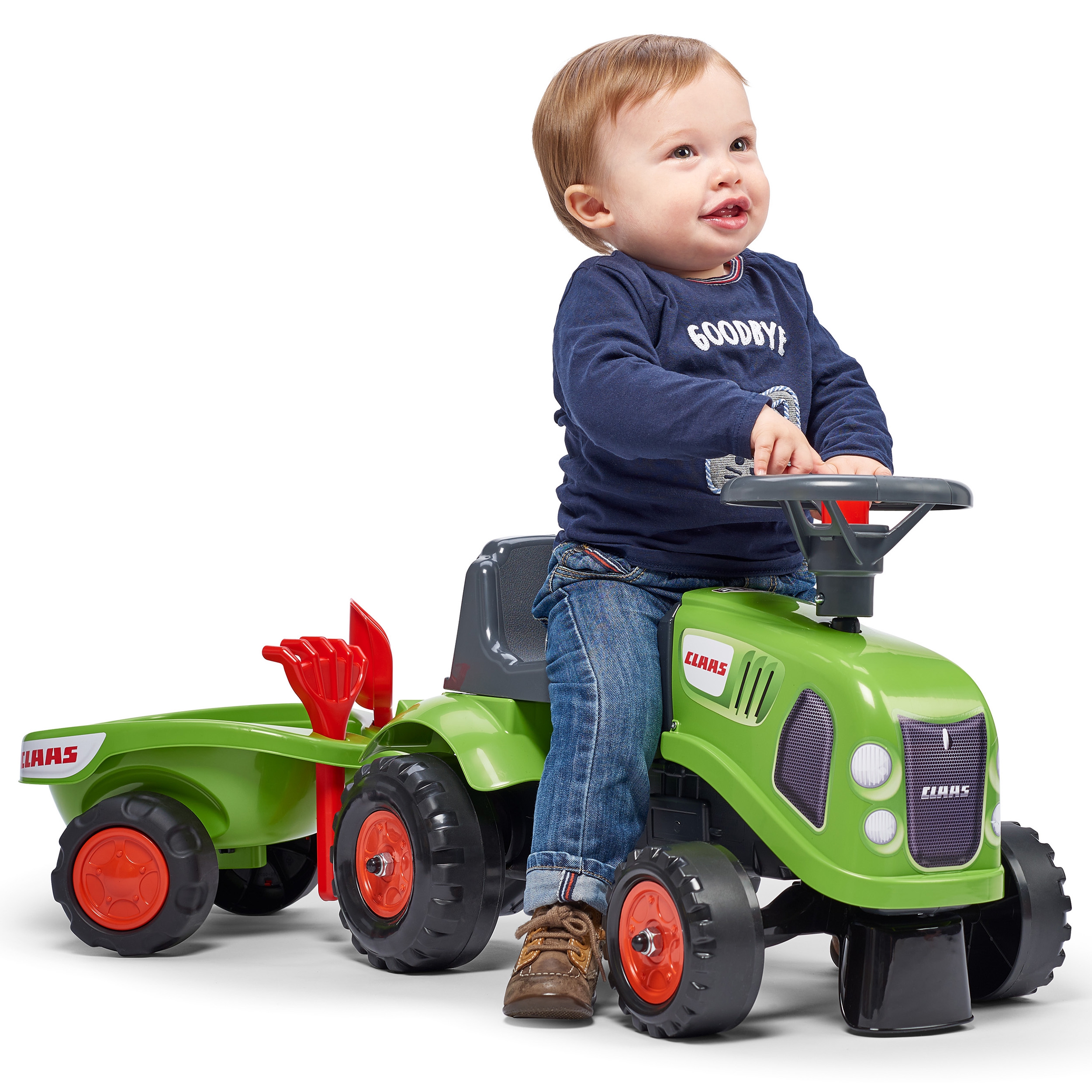 Traktorek baby claas zielony z przyczepką + akc. od 1 roku