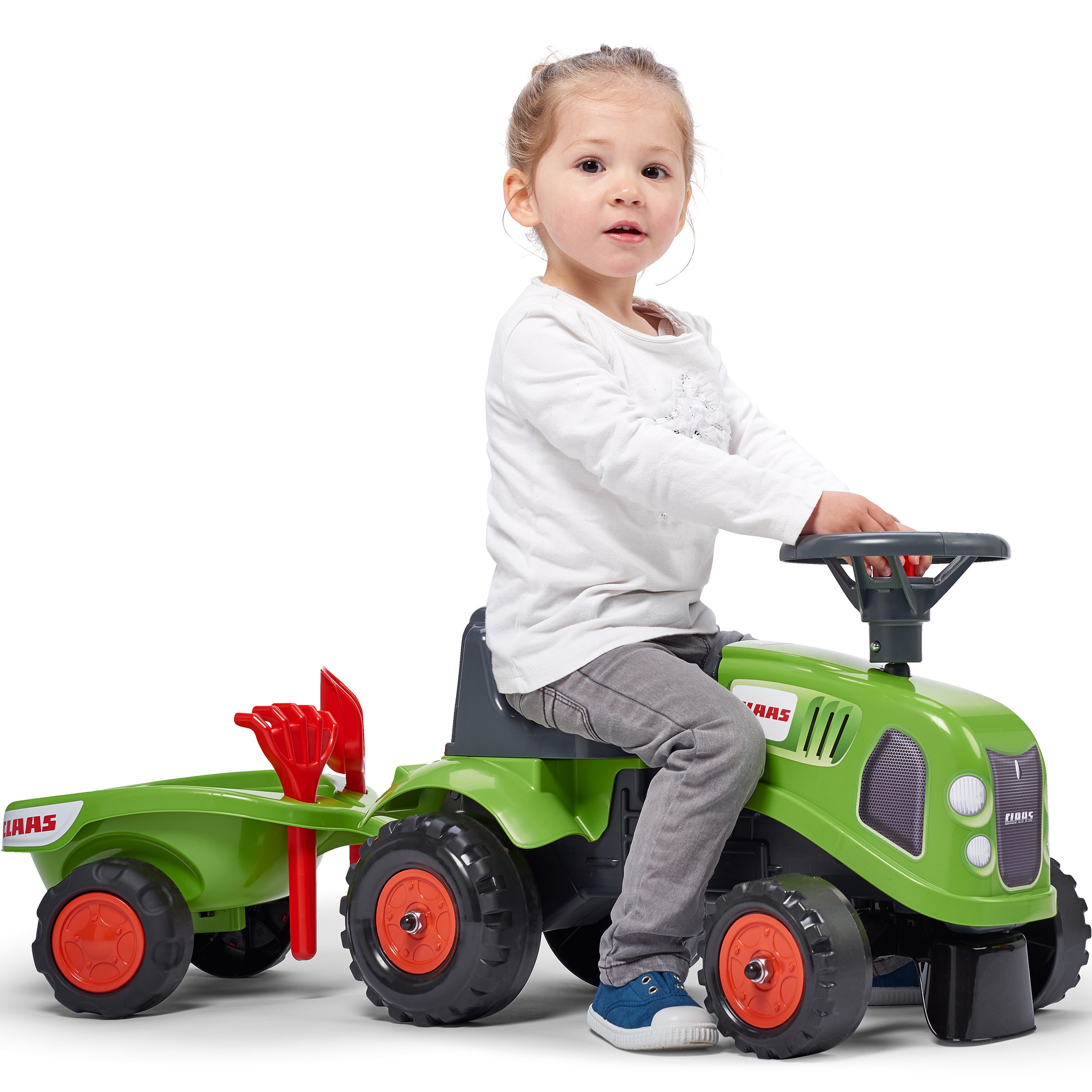 Traktorek baby claas zielony z przyczepką + akc. od 1 roku