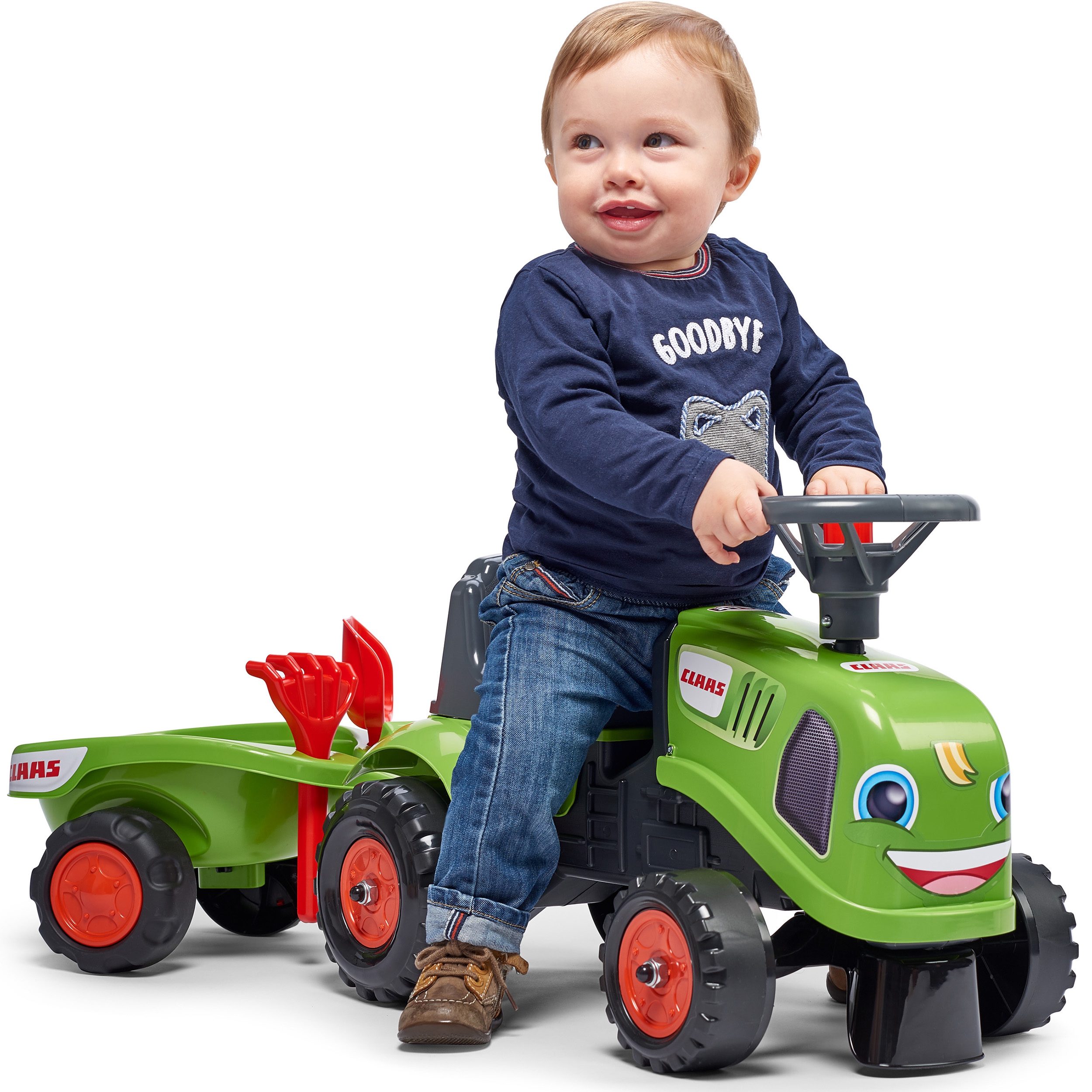 Traktorek baby claas zielony z przyczepką + akc. od 1 roku