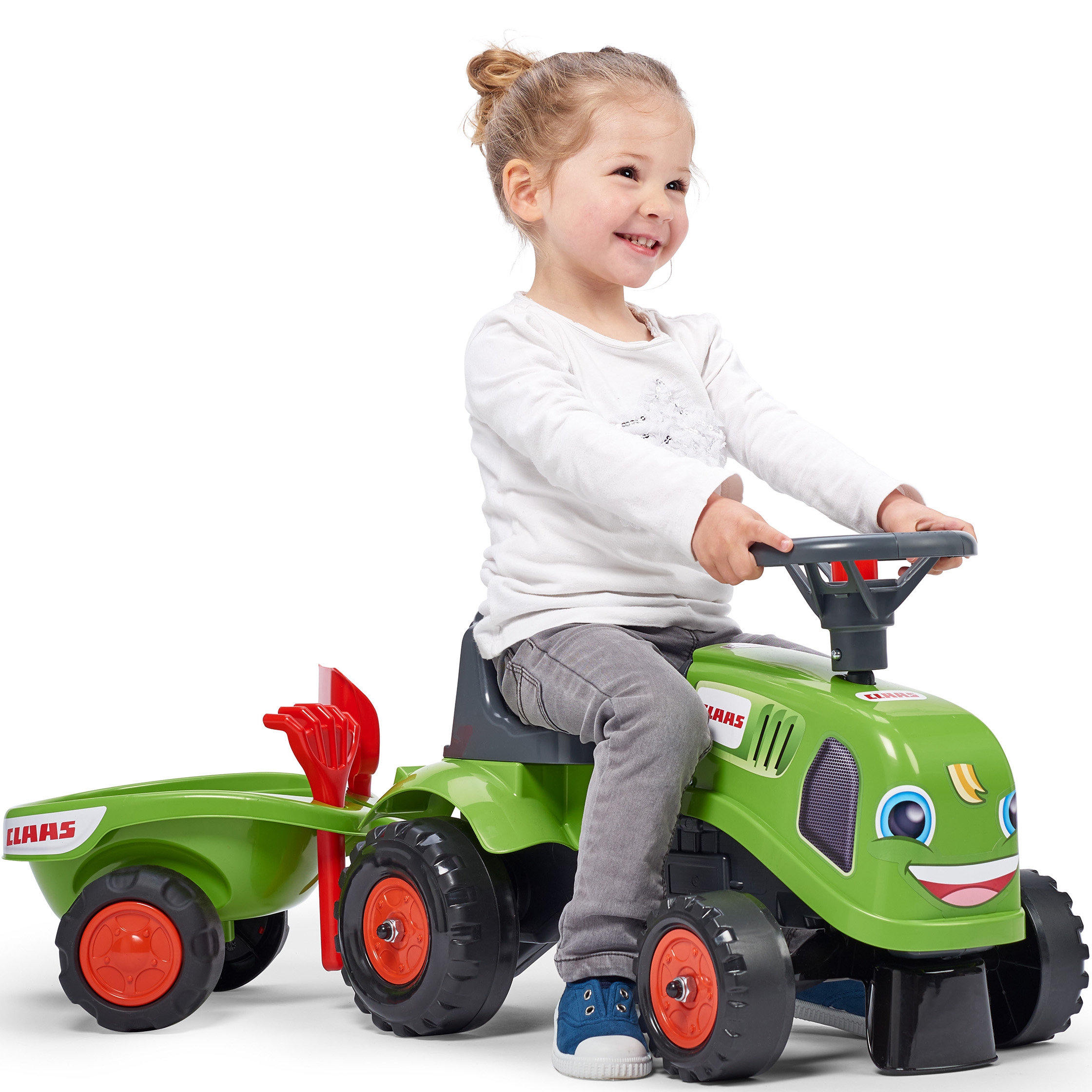 Traktorek baby claas zielony z przyczepką + akc. od 1 roku