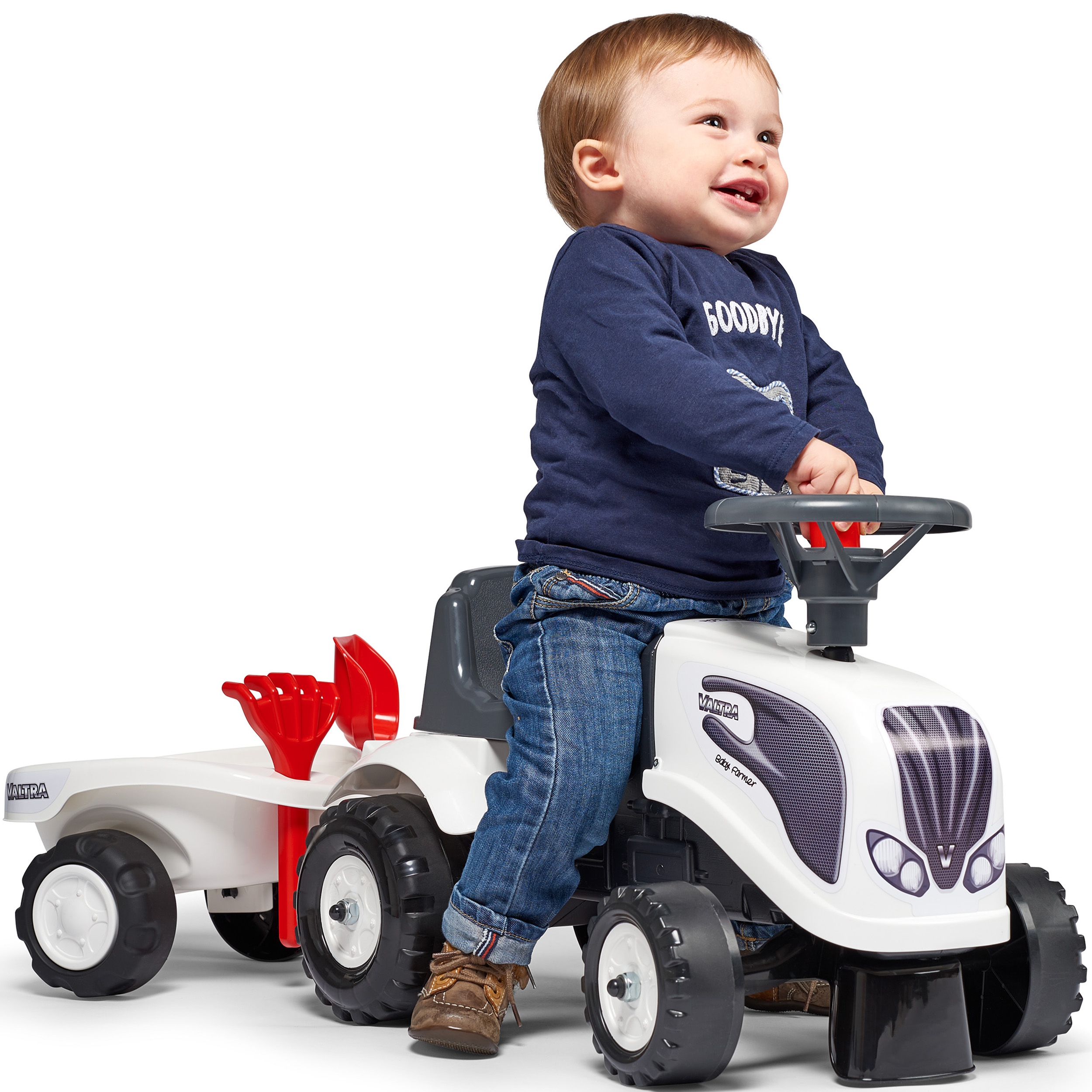 Traktorek baby valtra biały z przyczepką + akc. od 1 roku