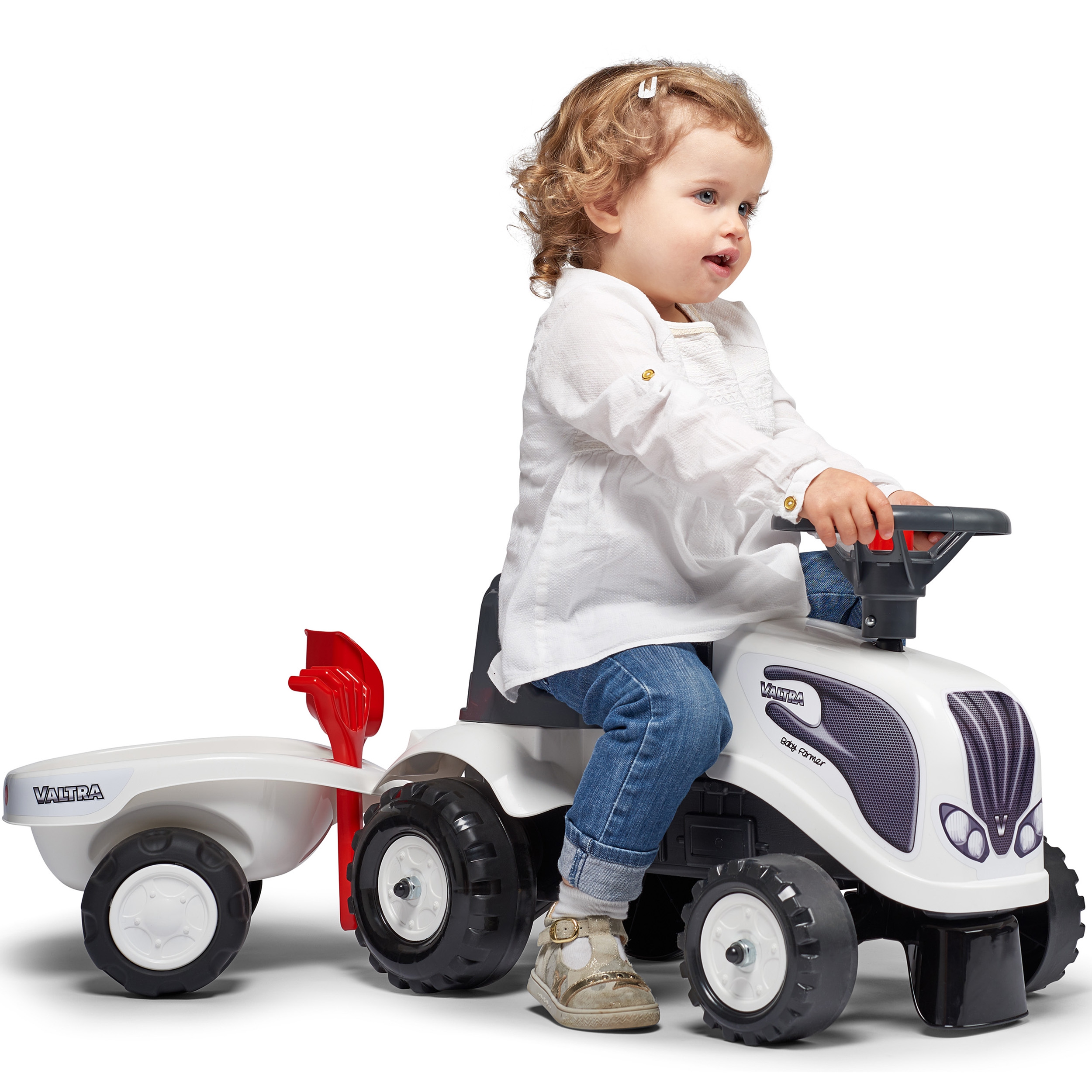 Traktorek baby valtra biały z przyczepką + akc. od 1 roku