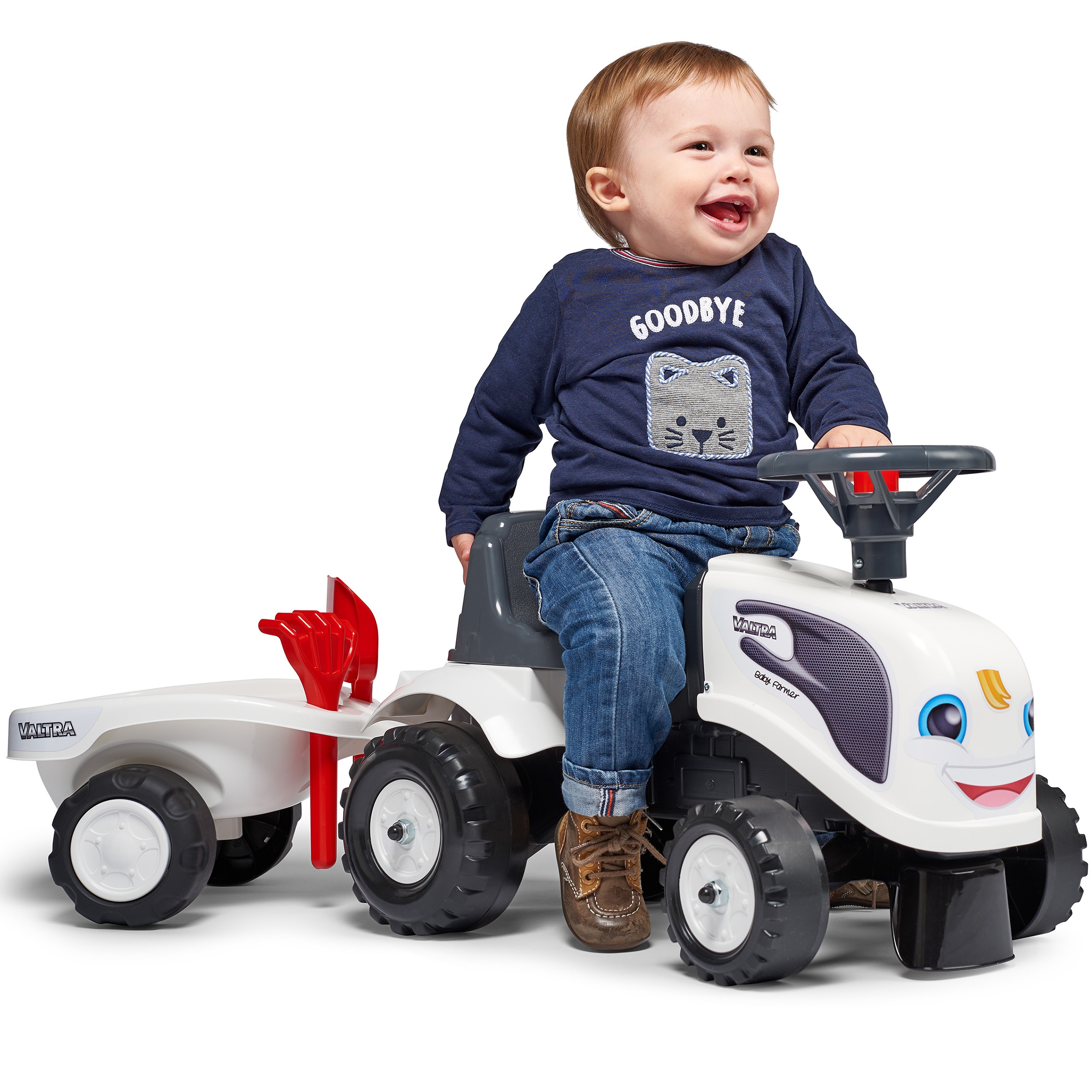Traktorek baby valtra biały z przyczepką + akc. od 1 roku
