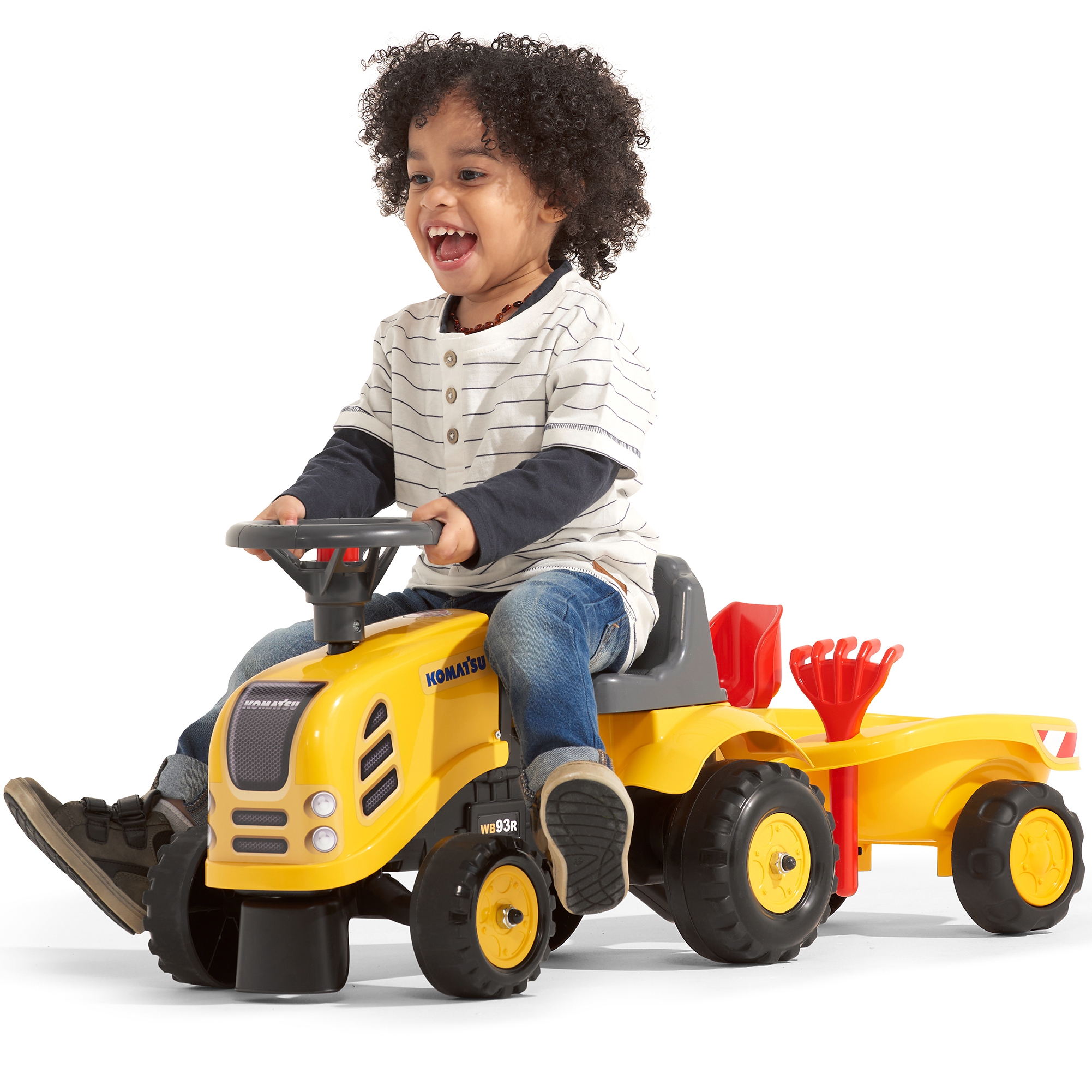 Traktorek baby komatsu żółty z przyczepką + akc. od 1 roku