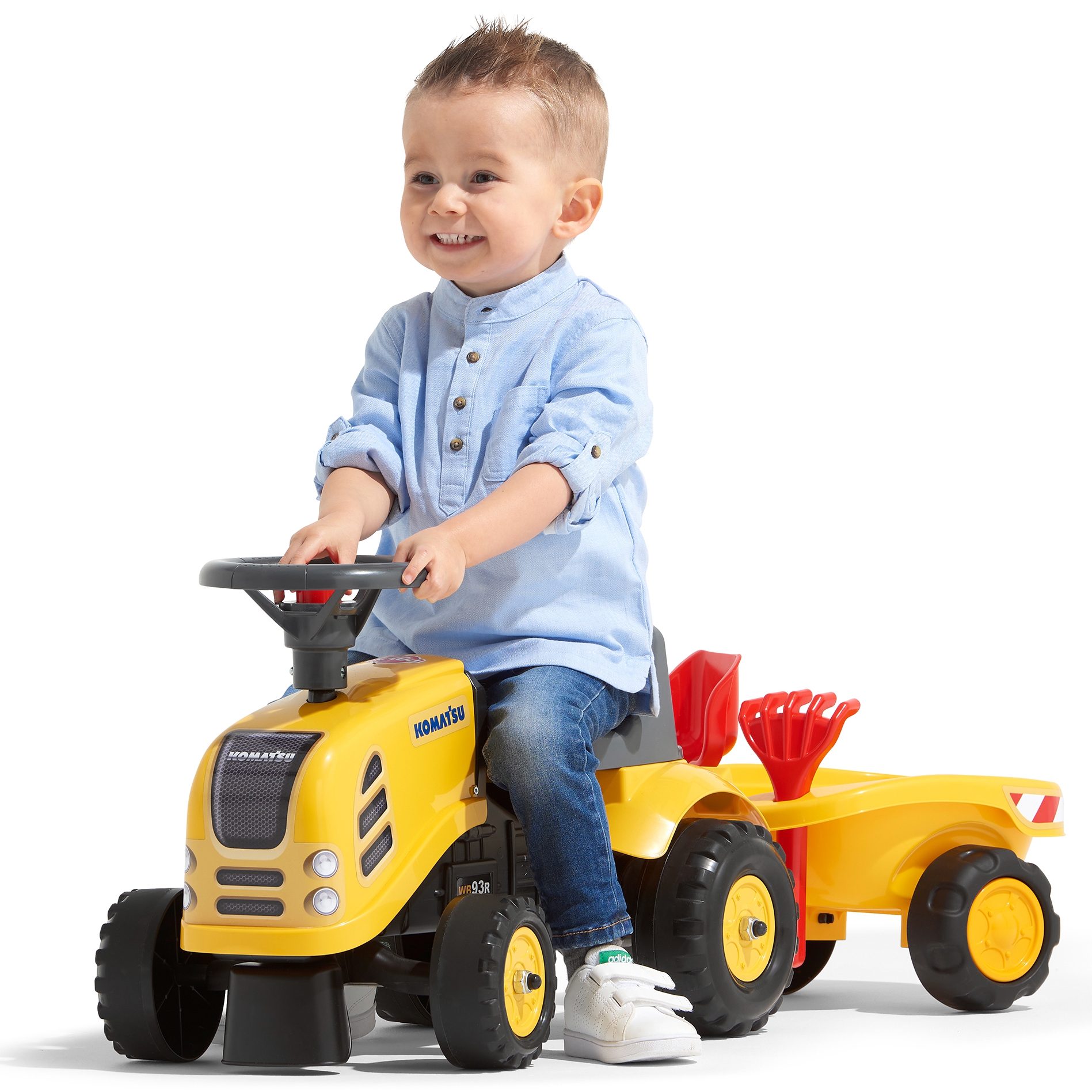 Traktorek baby komatsu żółty z przyczepką + akc. od 1 roku