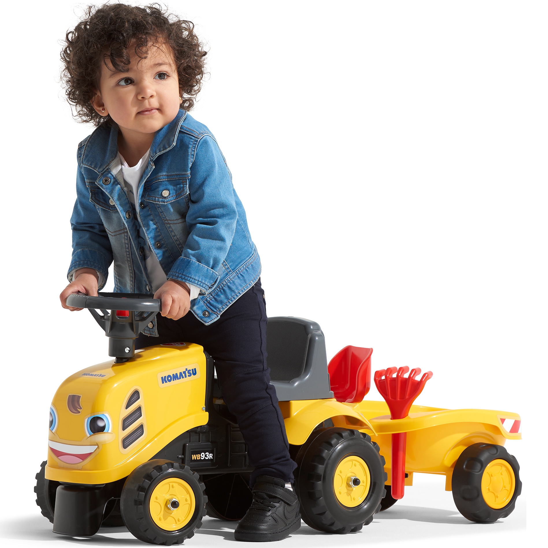 Traktorek baby komatsu żółty z przyczepką + akc. od 1 roku