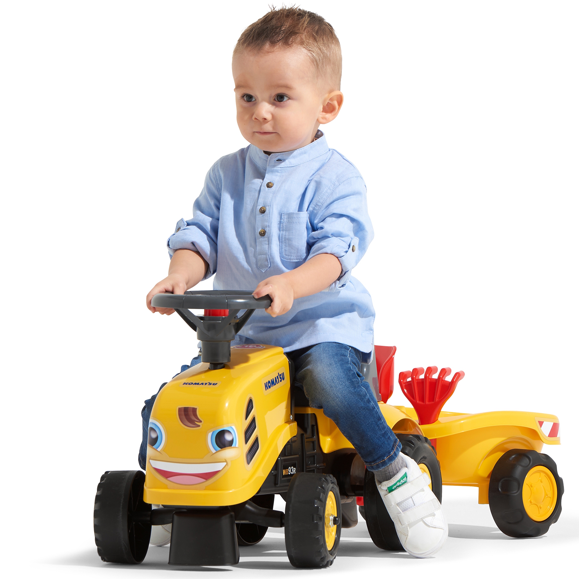 Traktorek baby komatsu żółty z przyczepką + akc. od 1 roku