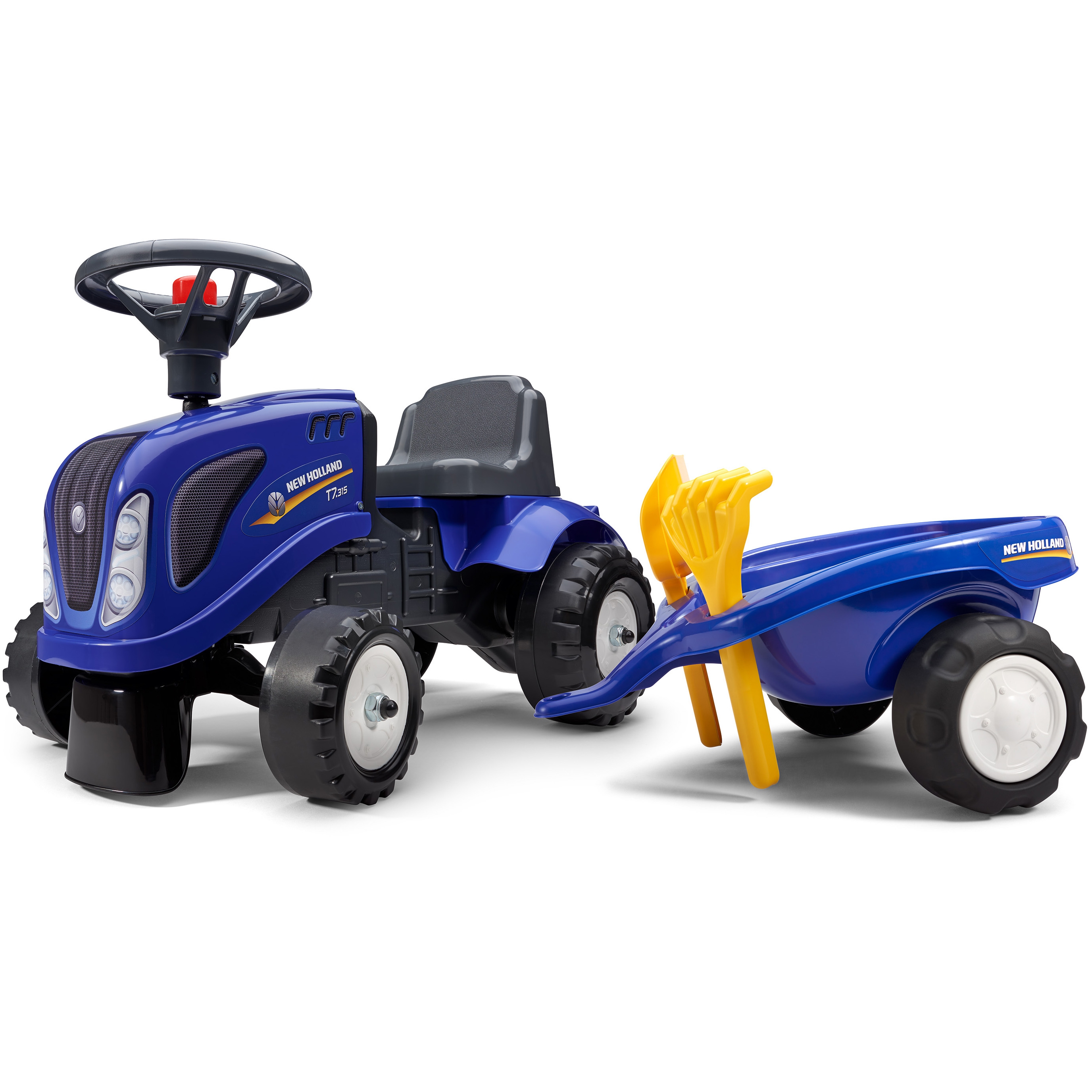 Traktorek baby new holland niebieski z przyczepką + akc. od 1 roku