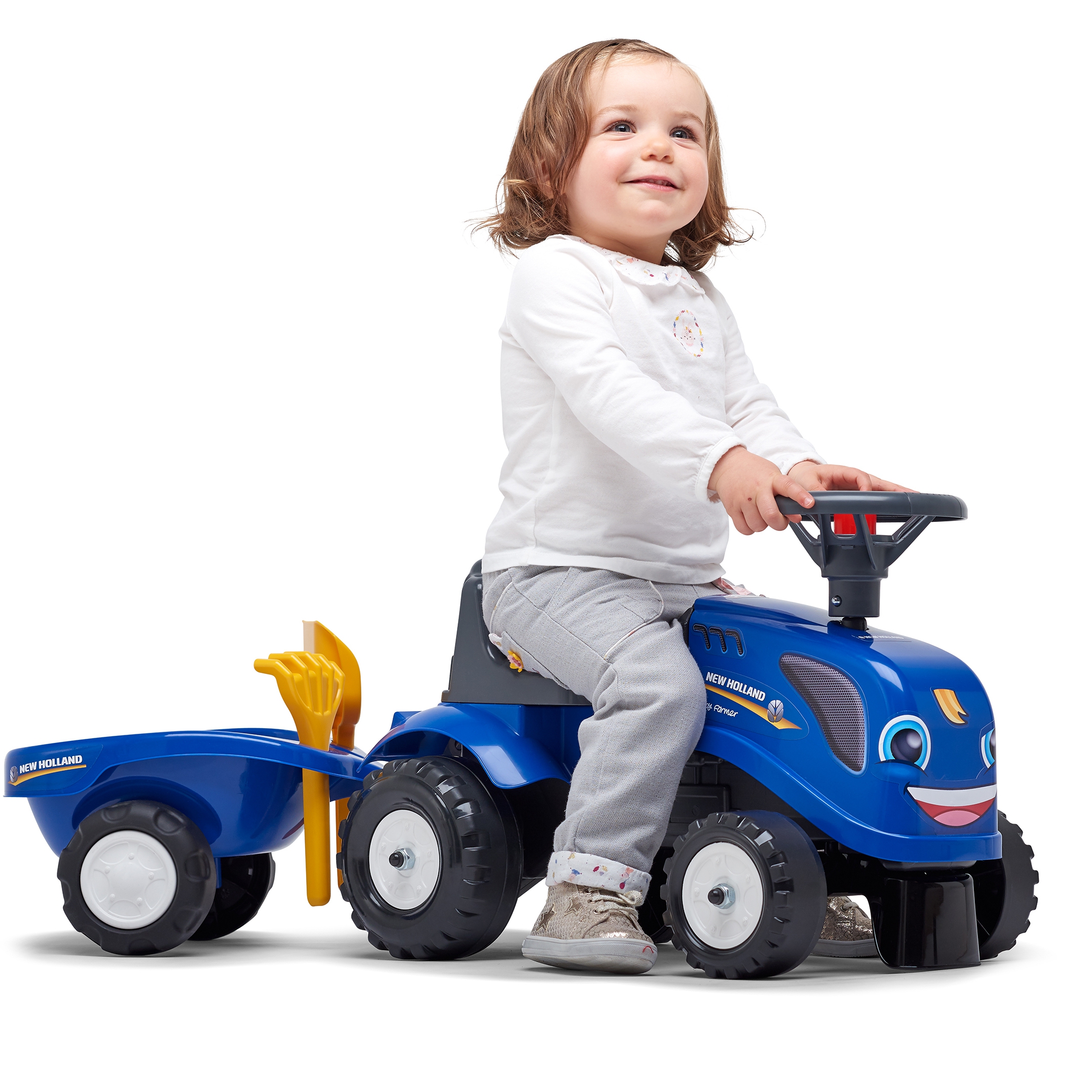 Traktorek baby new holland niebieski z przyczepką + akc. od 1 roku
