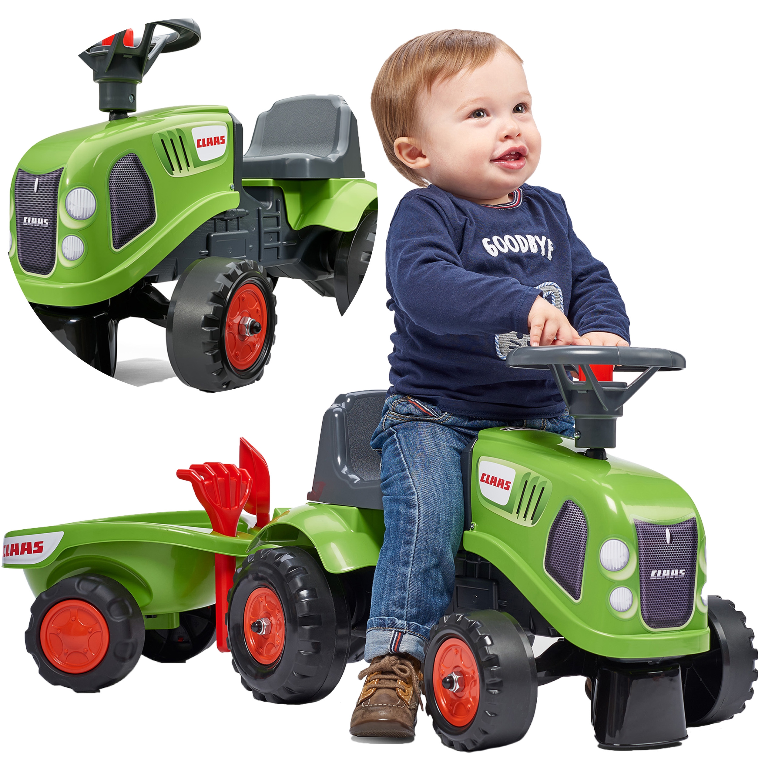 Traktorek baby claas zielony z przyczepką + akc. od 1 roku
