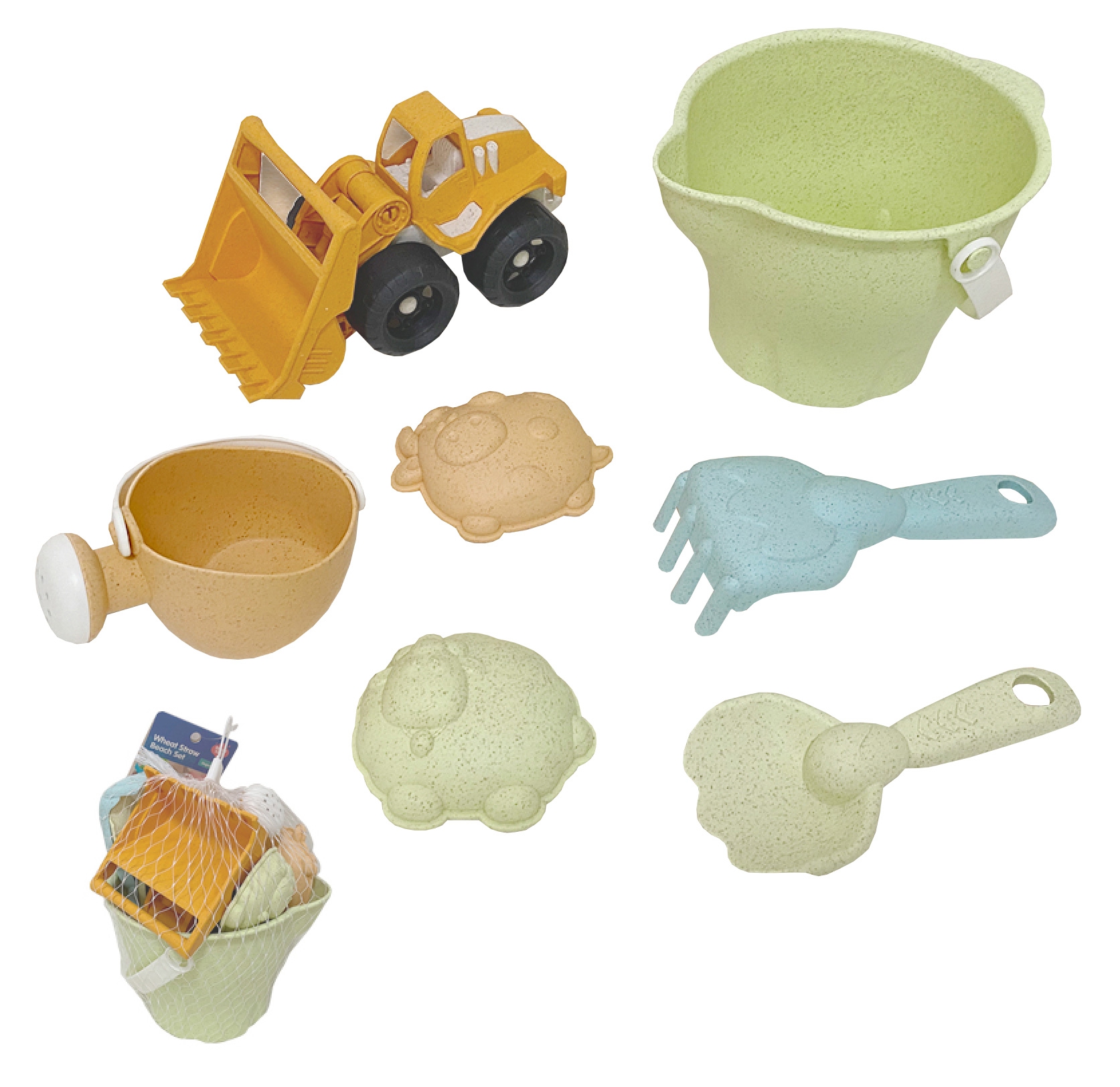 Zestaw do piasku + koparka w wiaderku 7 el. biodegradowalny organiczny materiał