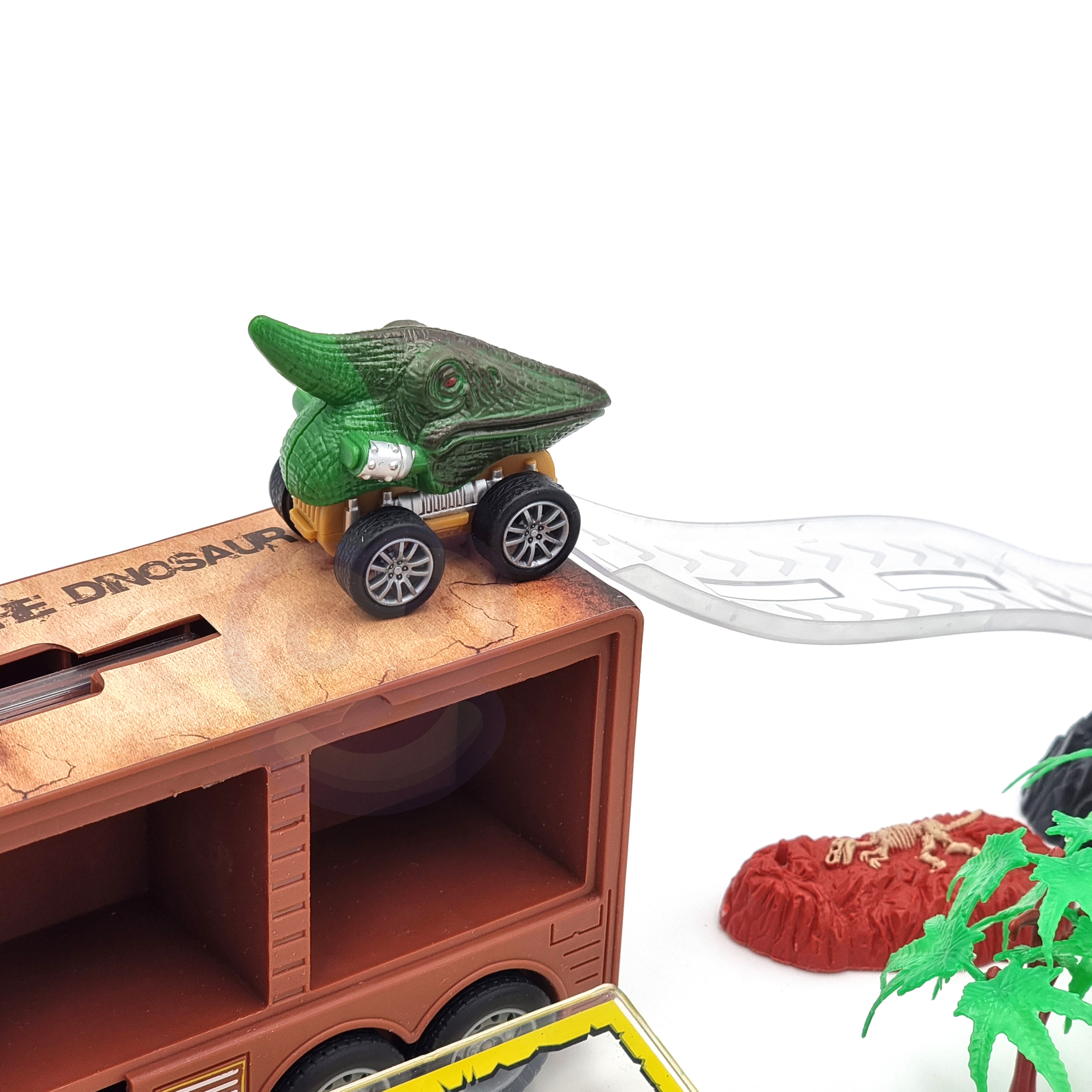Cięzarówka dinozaur z wyrzutnią i samochodzikami 15 el.