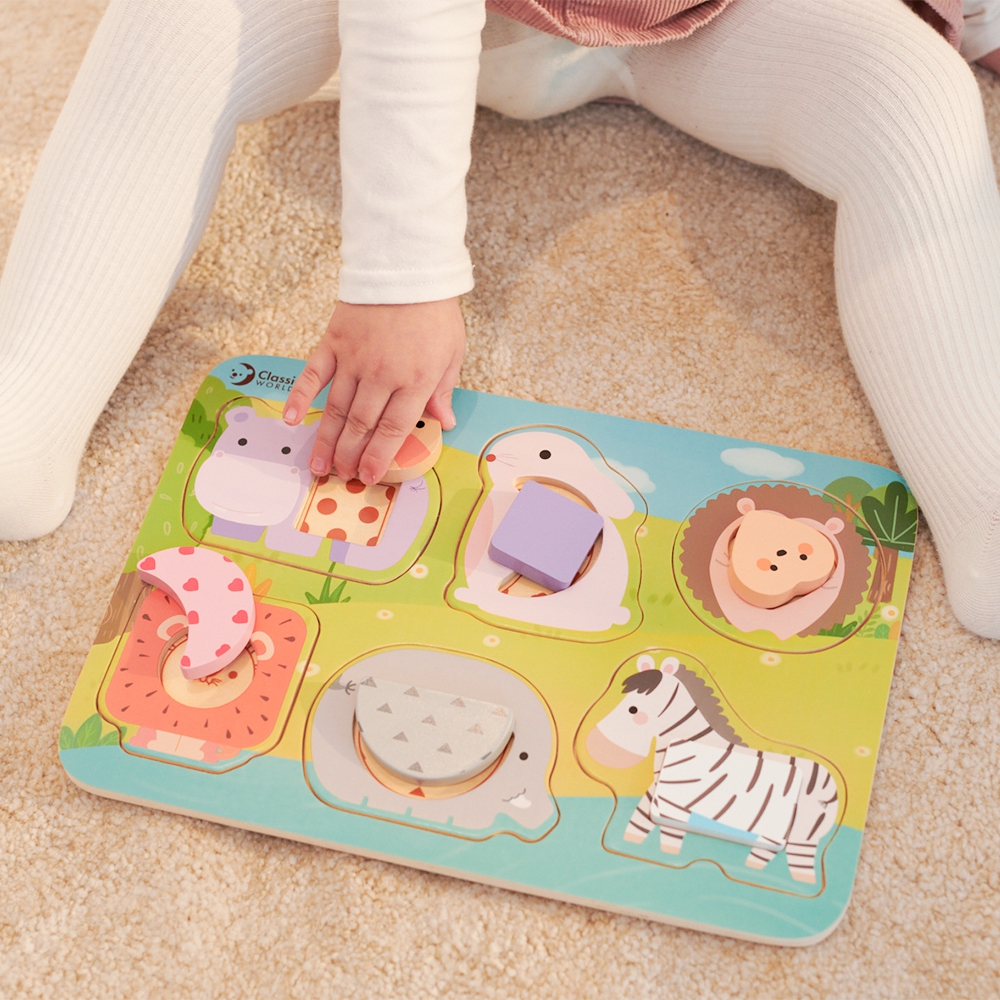 Układanka klocki puzzle dla dzieci zwierzęta dopasuj nauka kształtów kolorów montessori 6 el.