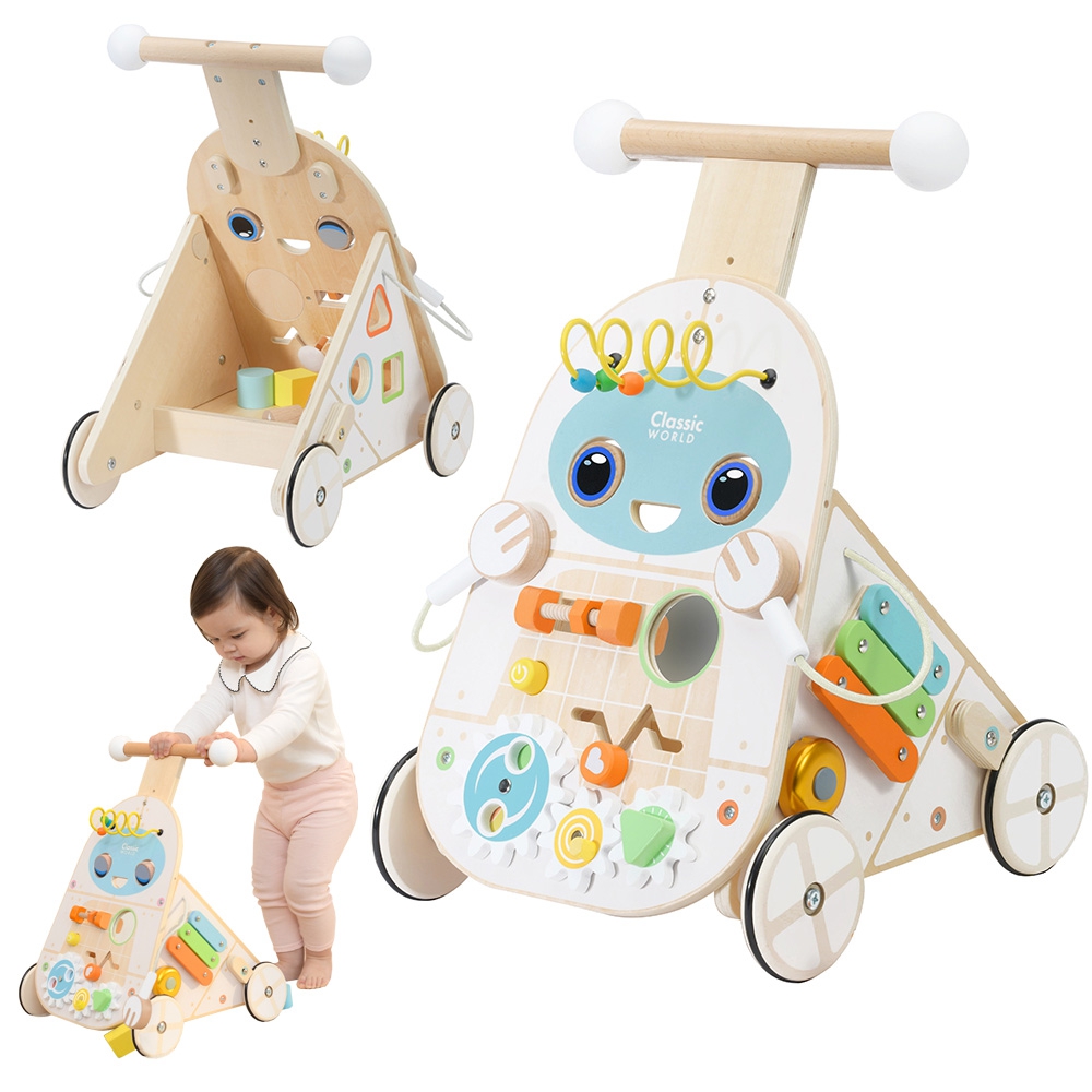 Chodzik pchacz 4w1 robot walker dla dzieci ksylofon lustro sorter