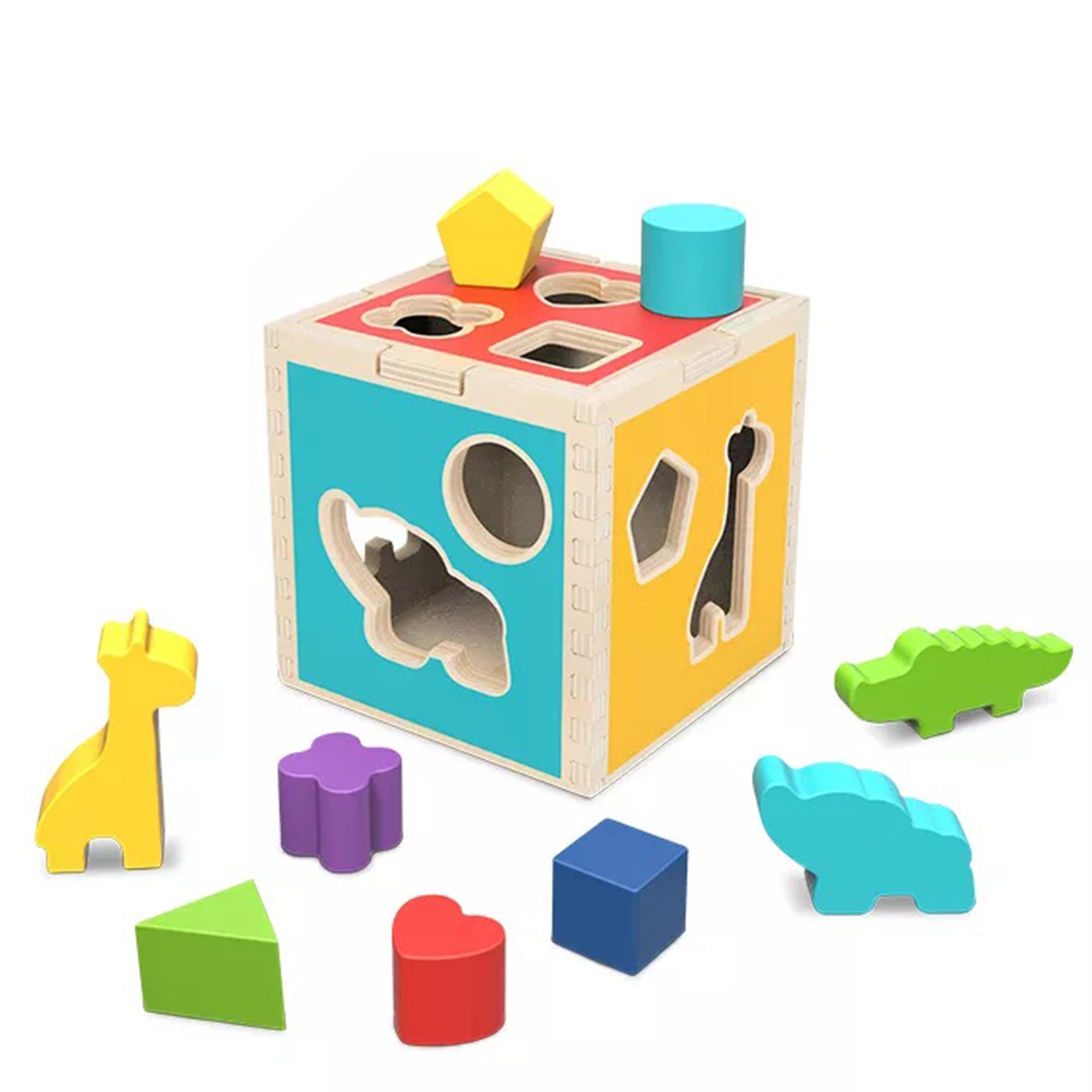 Drewniany sorter kostka edukacyjna zwierzątka figury geometryczne