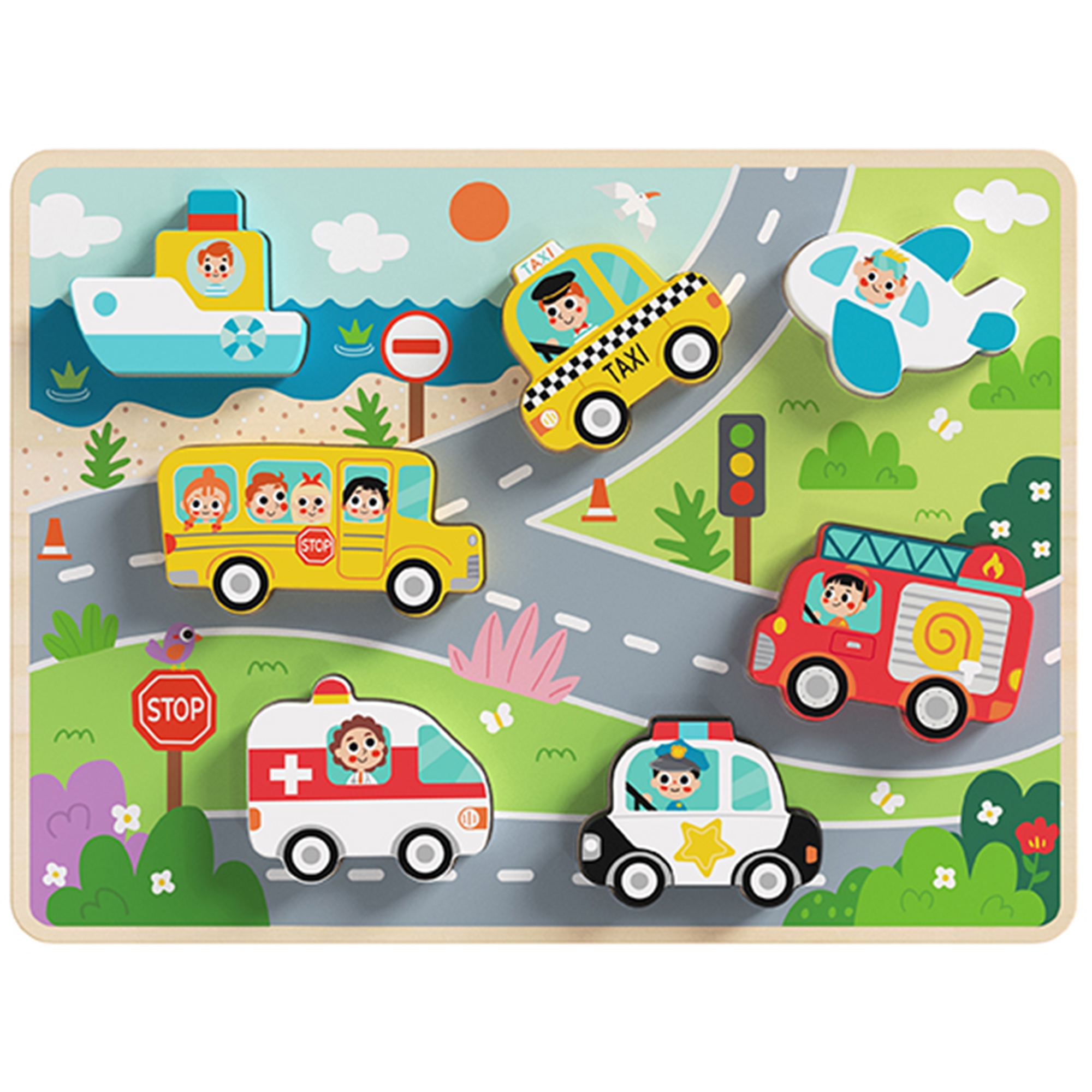 Drewniane puzzle montessori pojazdy samochody samolot statek miasto dopasuj kształty