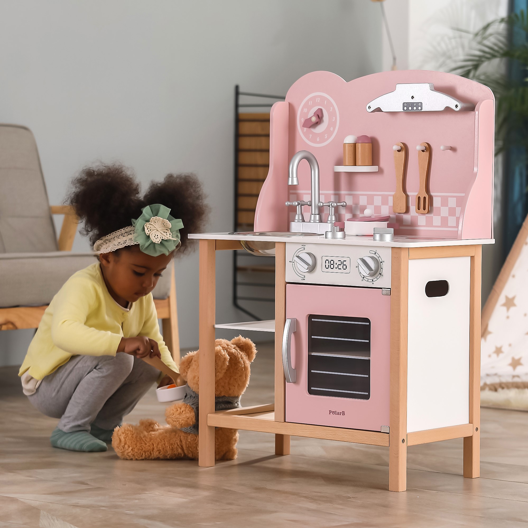 Polarb drewniana kuchnia z akcesoriami silver - pink