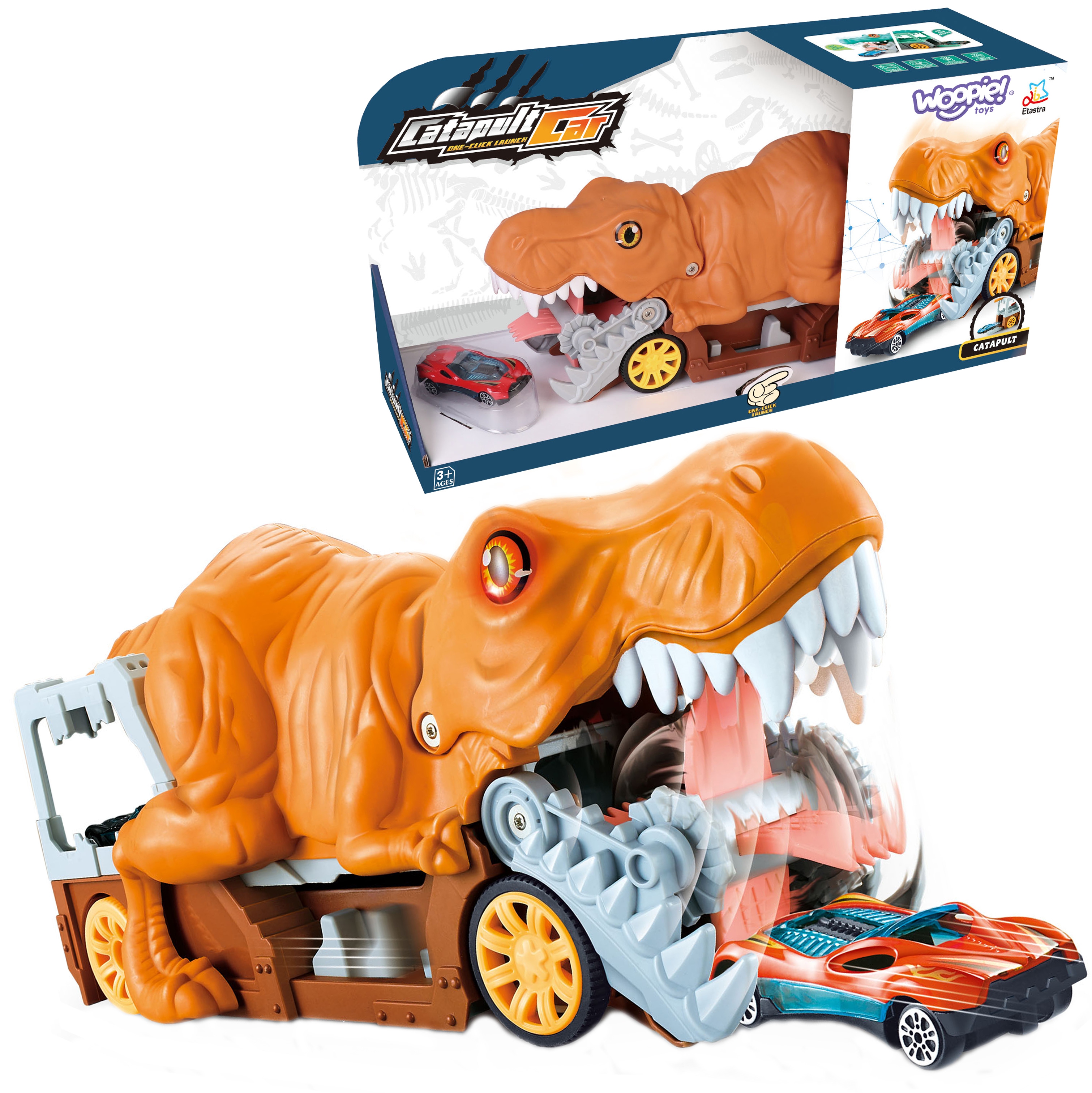 Dinozaur wyrzutnia samochodów + auto 1szt.