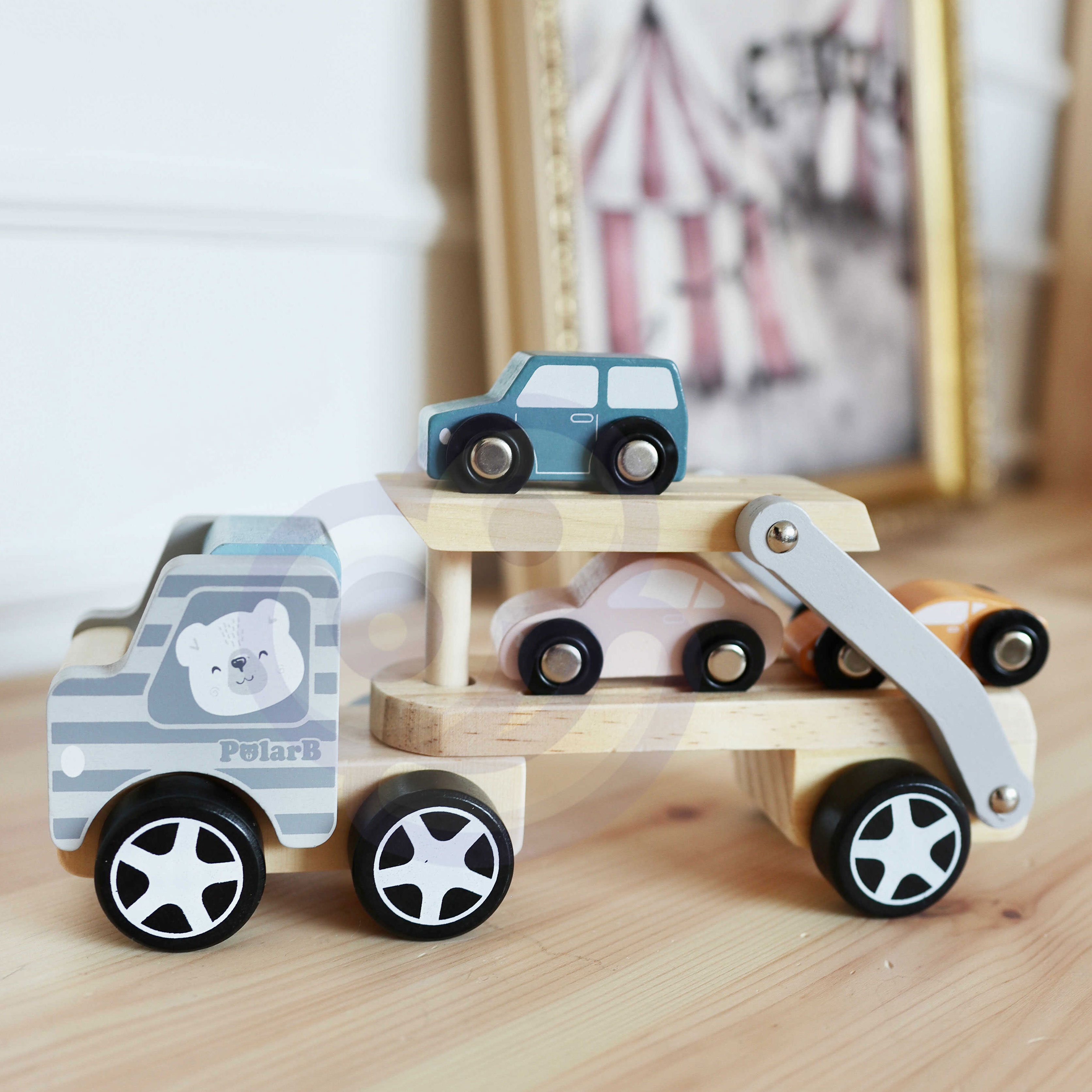 Polarb drewniana laweta z samochodzikami montessori