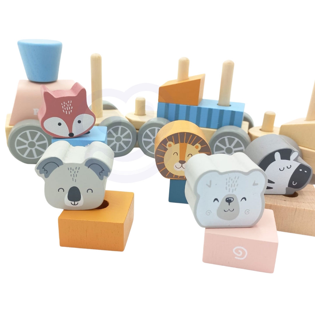 Polarb drewniana kolejka z wagonikami i zwierzątkami do ciągnięcia montessori