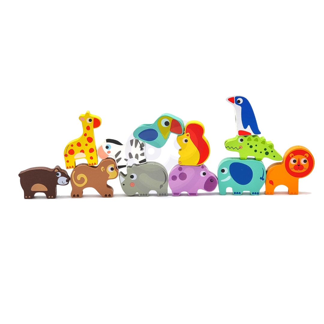 Drewniane klocki do nawlekania zwierzęta safari zoo 13 el.