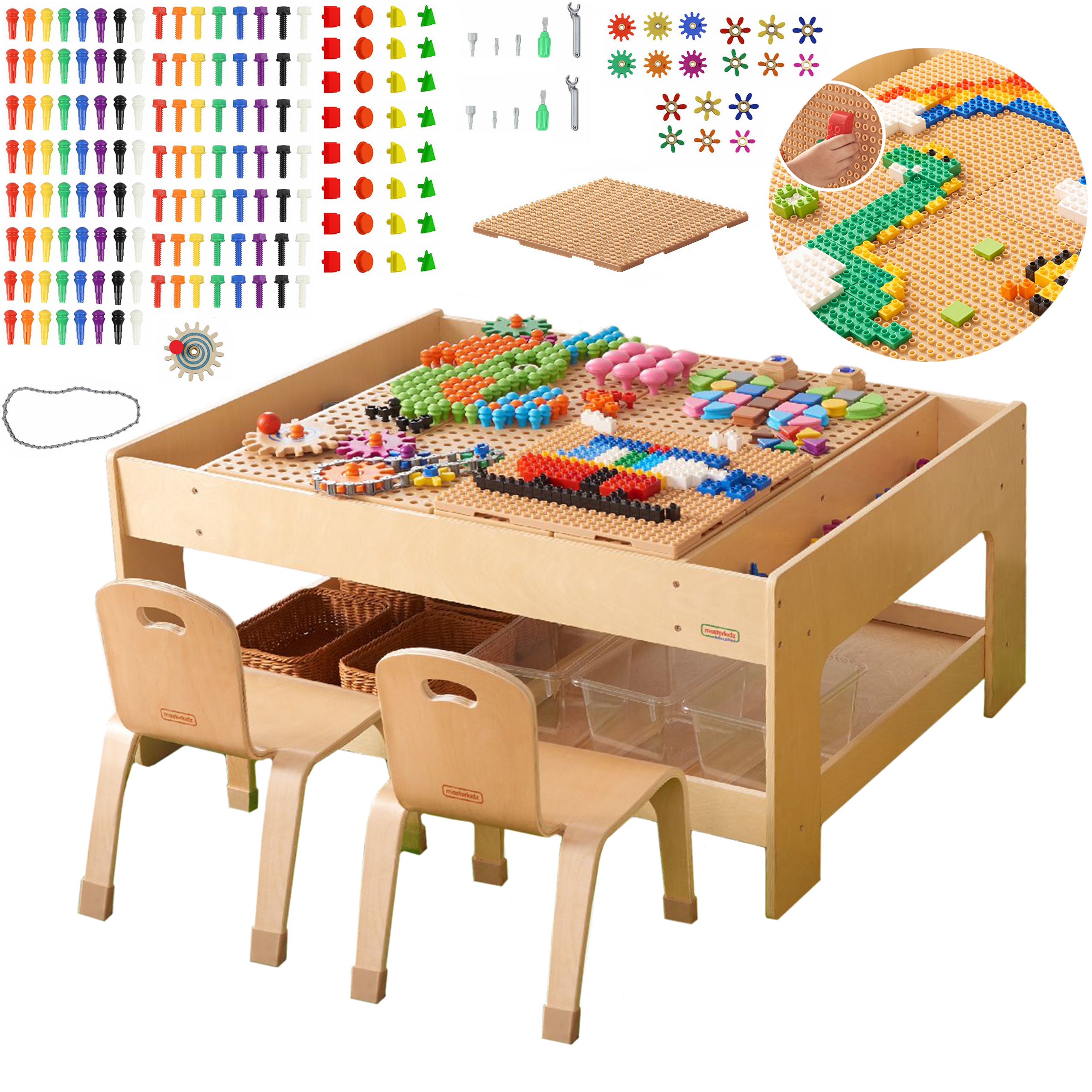 Drewniany stół edukacyjny + akcesoria stem wall + 135 klocków