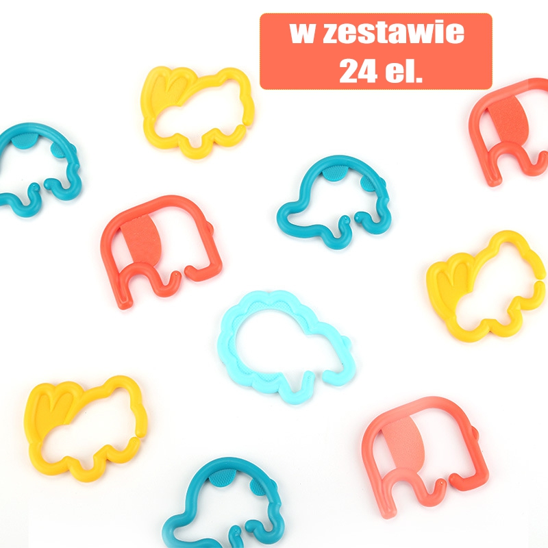 Zabawka sensoryczna gryzaki dla niemowląt zawieszki zwierzątka łańcuszek 24 el.