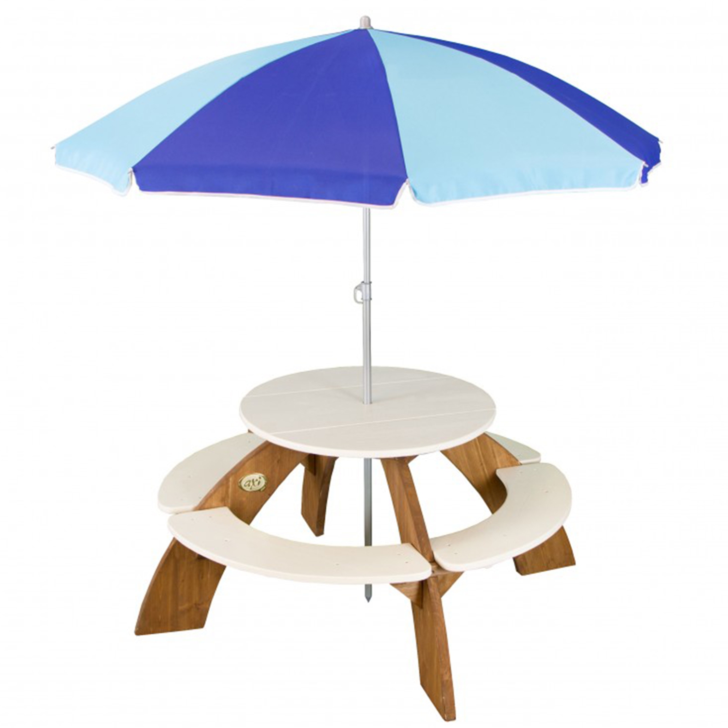 Drewniany wielofunkcyjny zestaw stół okrągły + ławeczki + parasol
