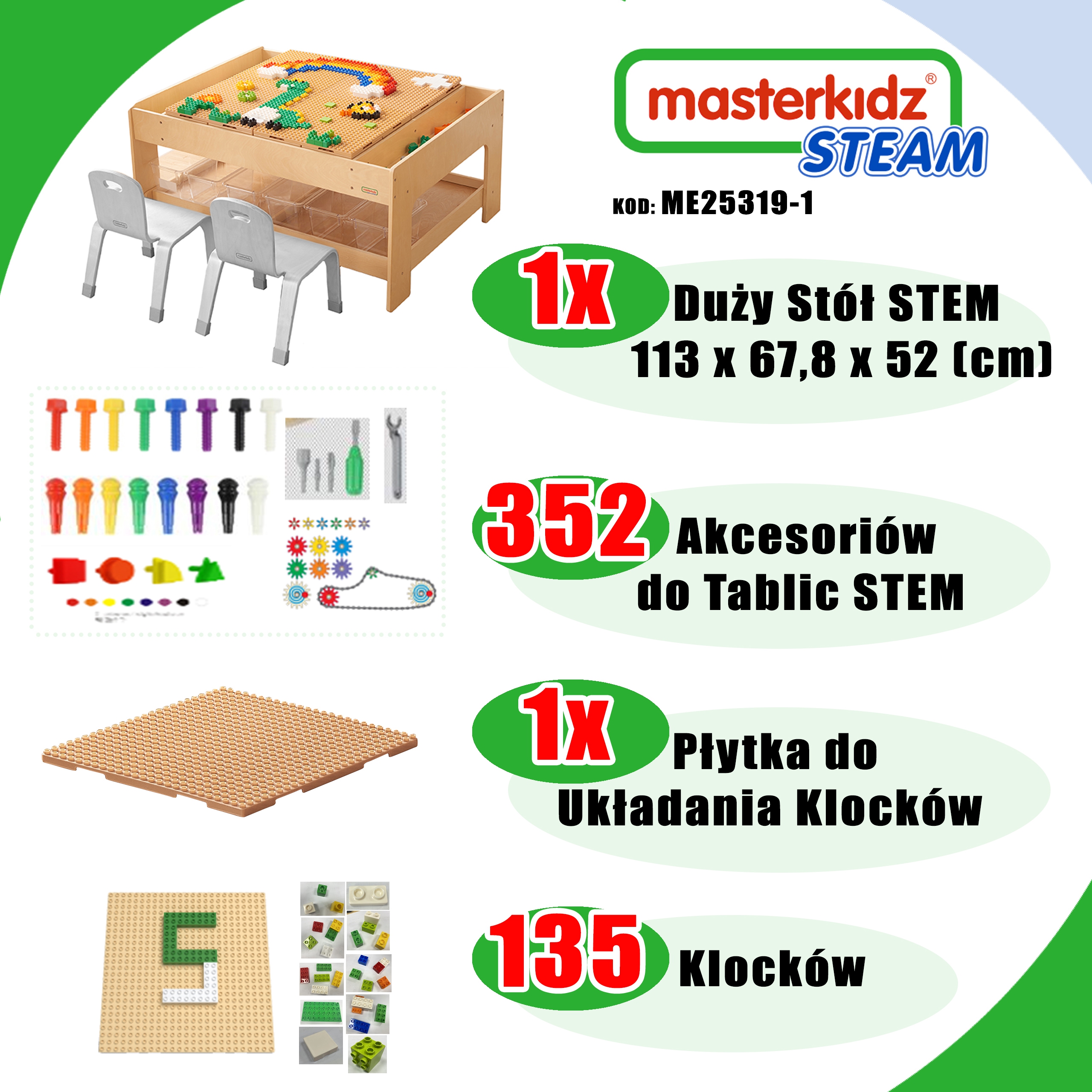 Drewniany stół edukacyjny + akcesoria stem wall + 135 klocków