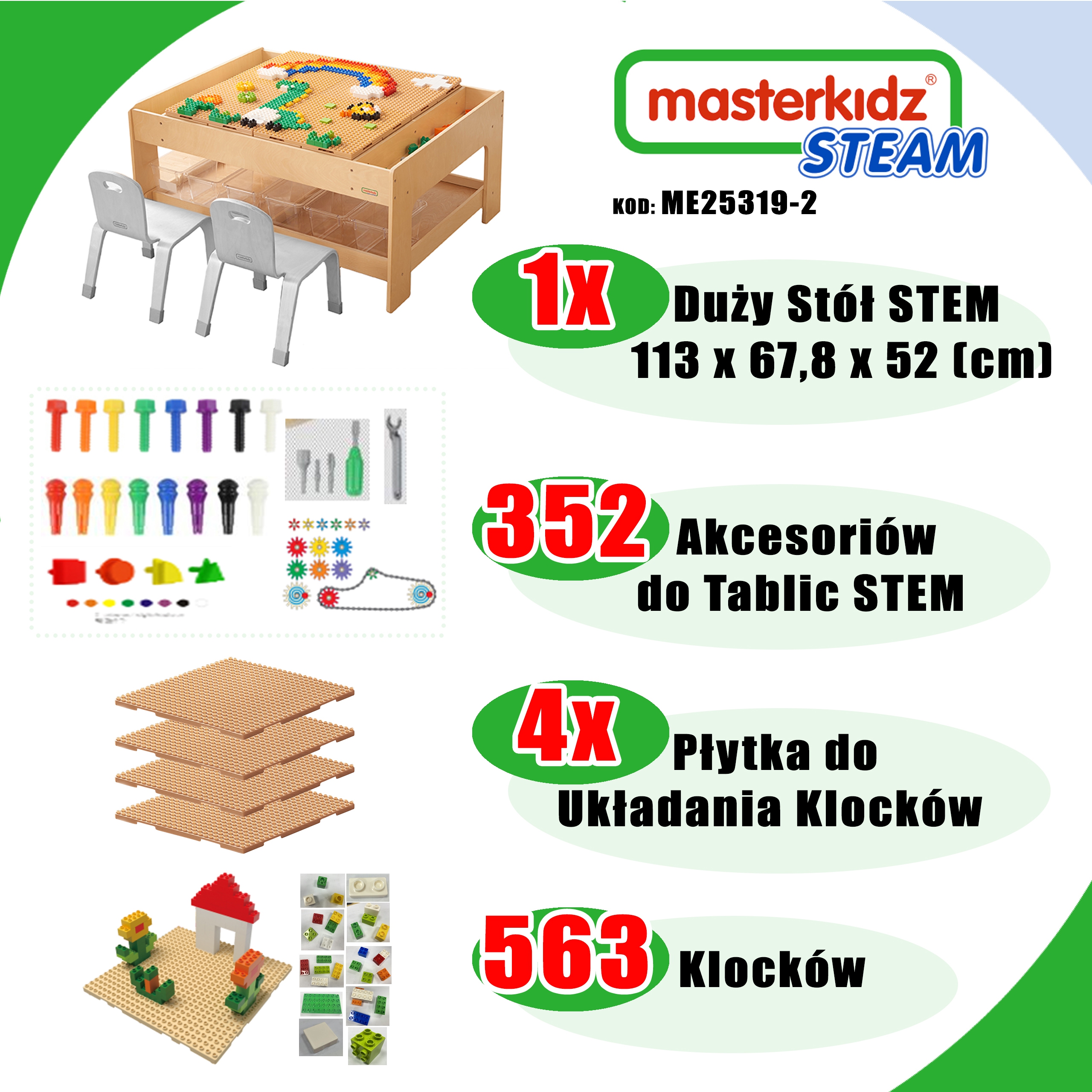Drewniany stół edukacyjny + akcesoria stem wall + 563 klocków