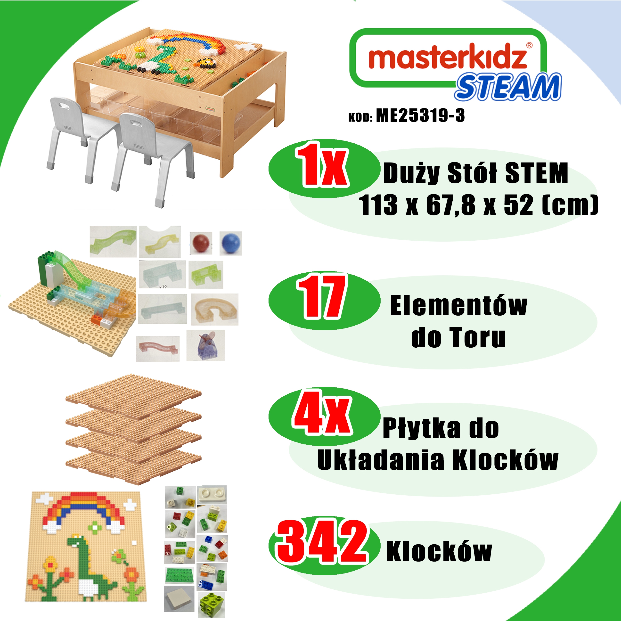 Drewniany stół edukacyjny + akcesoria stem wall + 359 el.