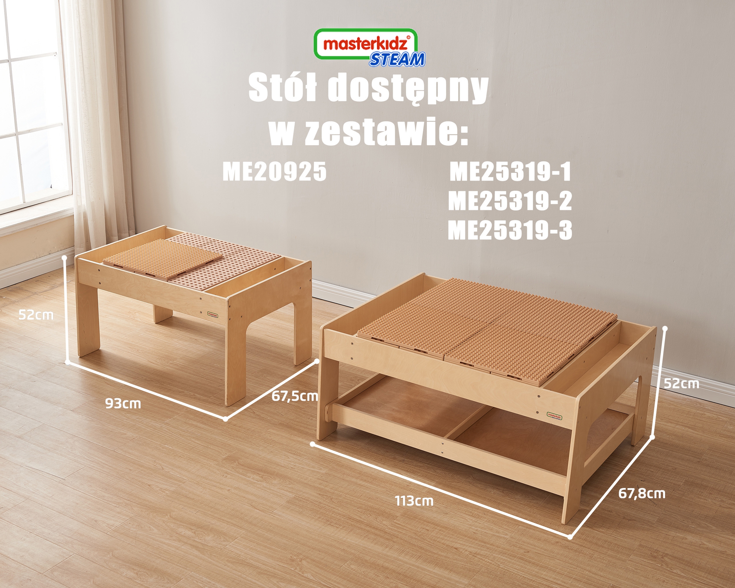 Drewniany stół edukacyjny + akcesoria stem wall + 135 klocków