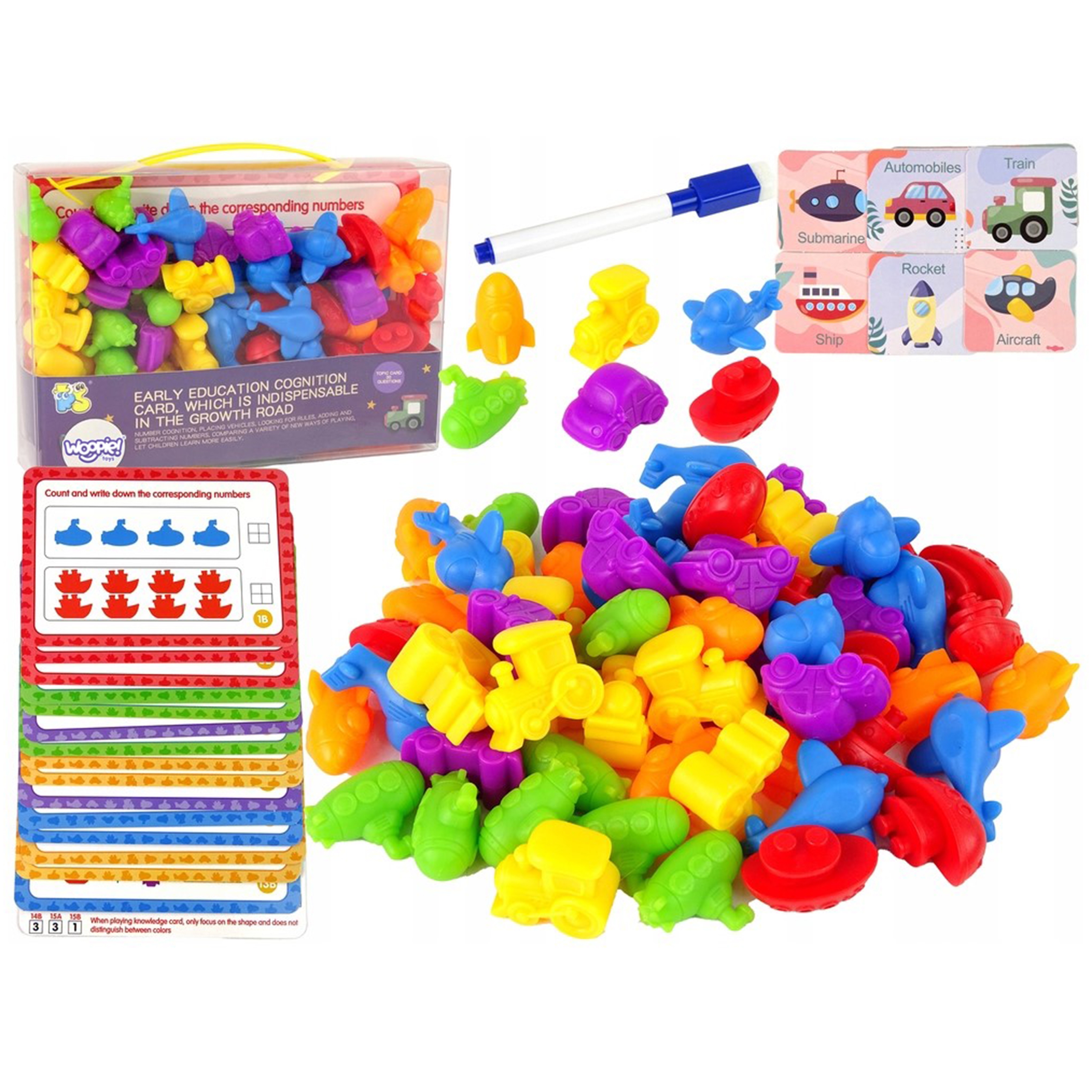 Zestaw edukacyjny nauka liczenia montessori sorter kolorów pojazdy 83 el.