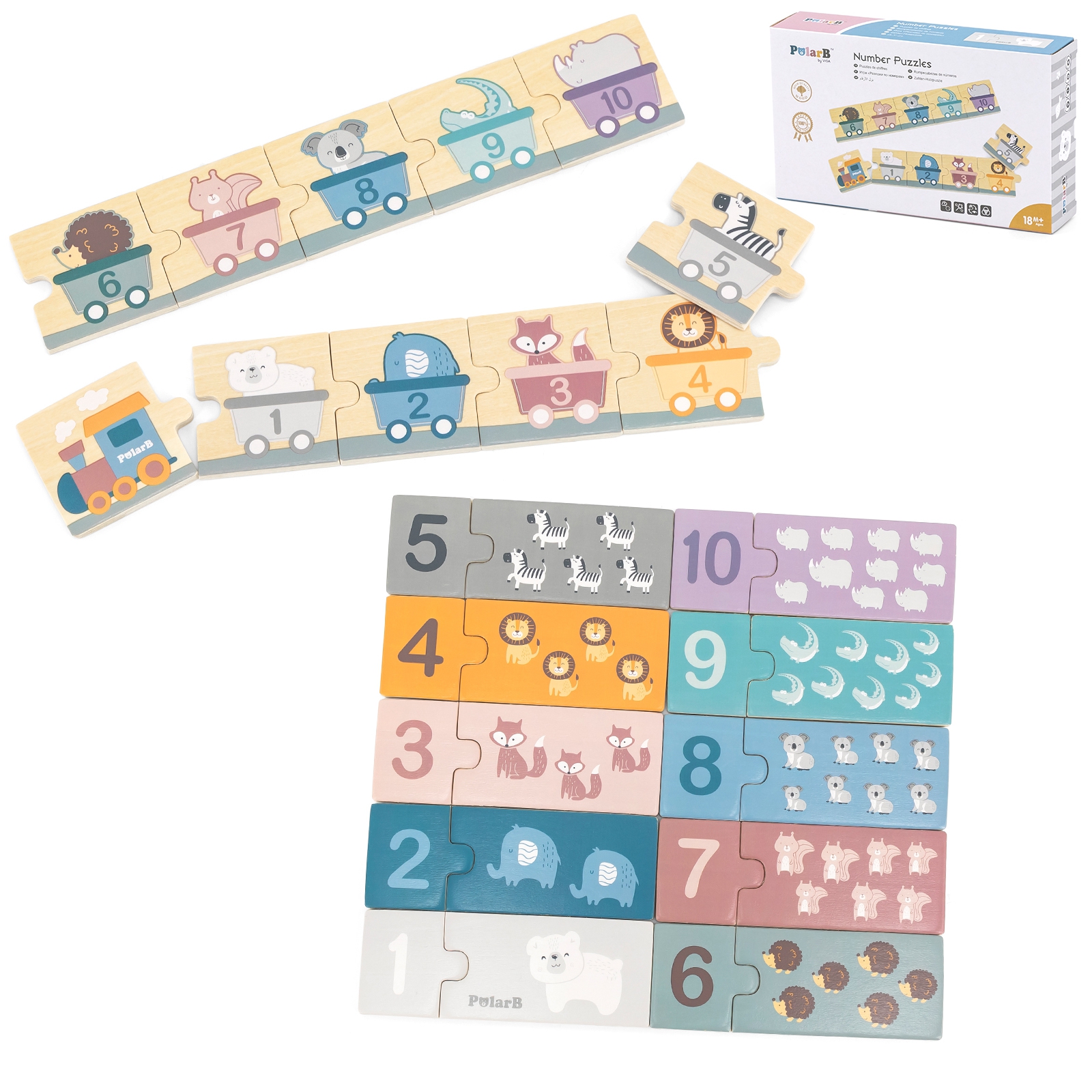 Polarb drewniane puzzle numeryczne cyferki montessori
